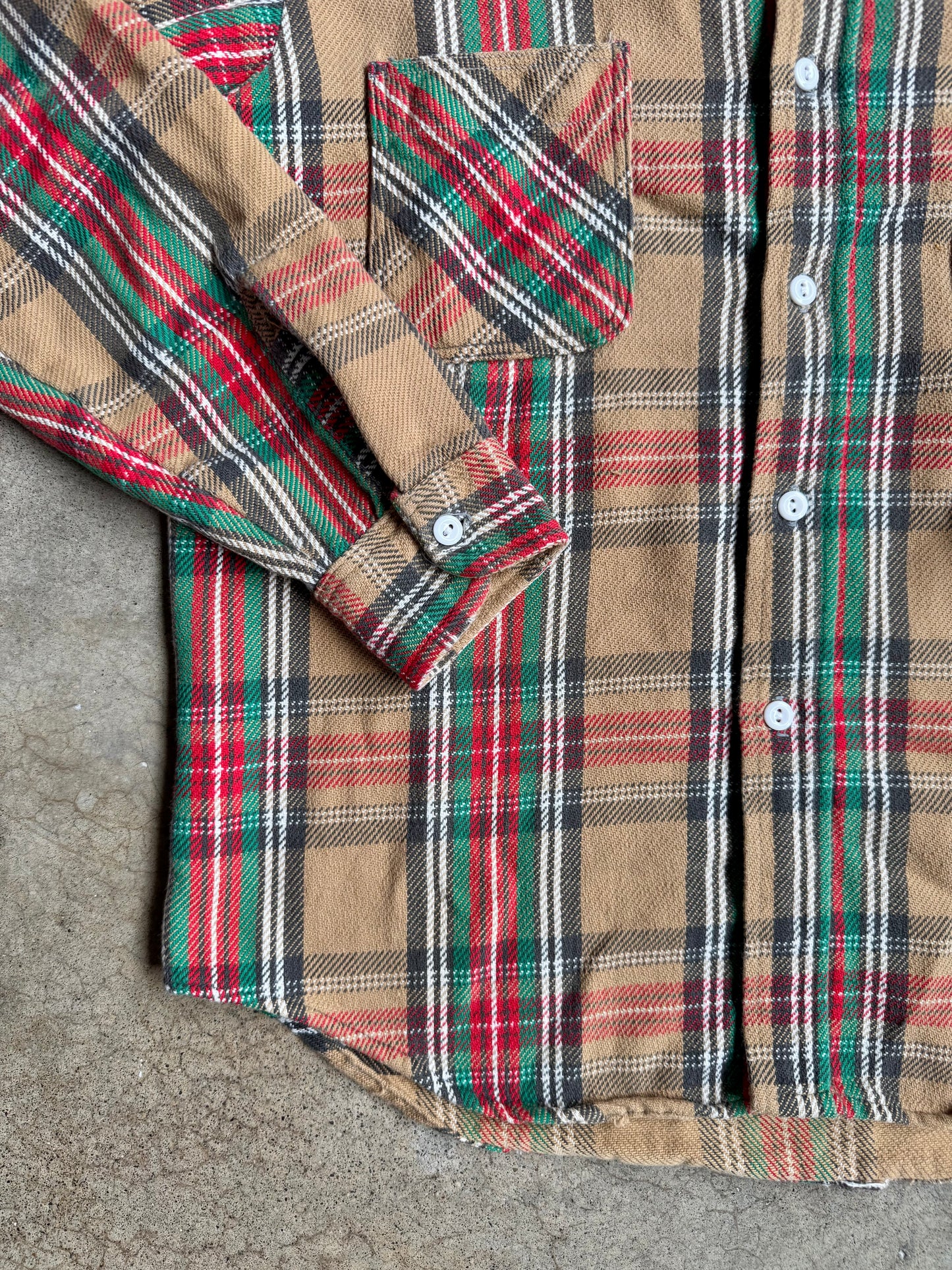 Vintage 1960s Big Mac Tan Plaid Woven Cotton Button-Up Shirt | Medium