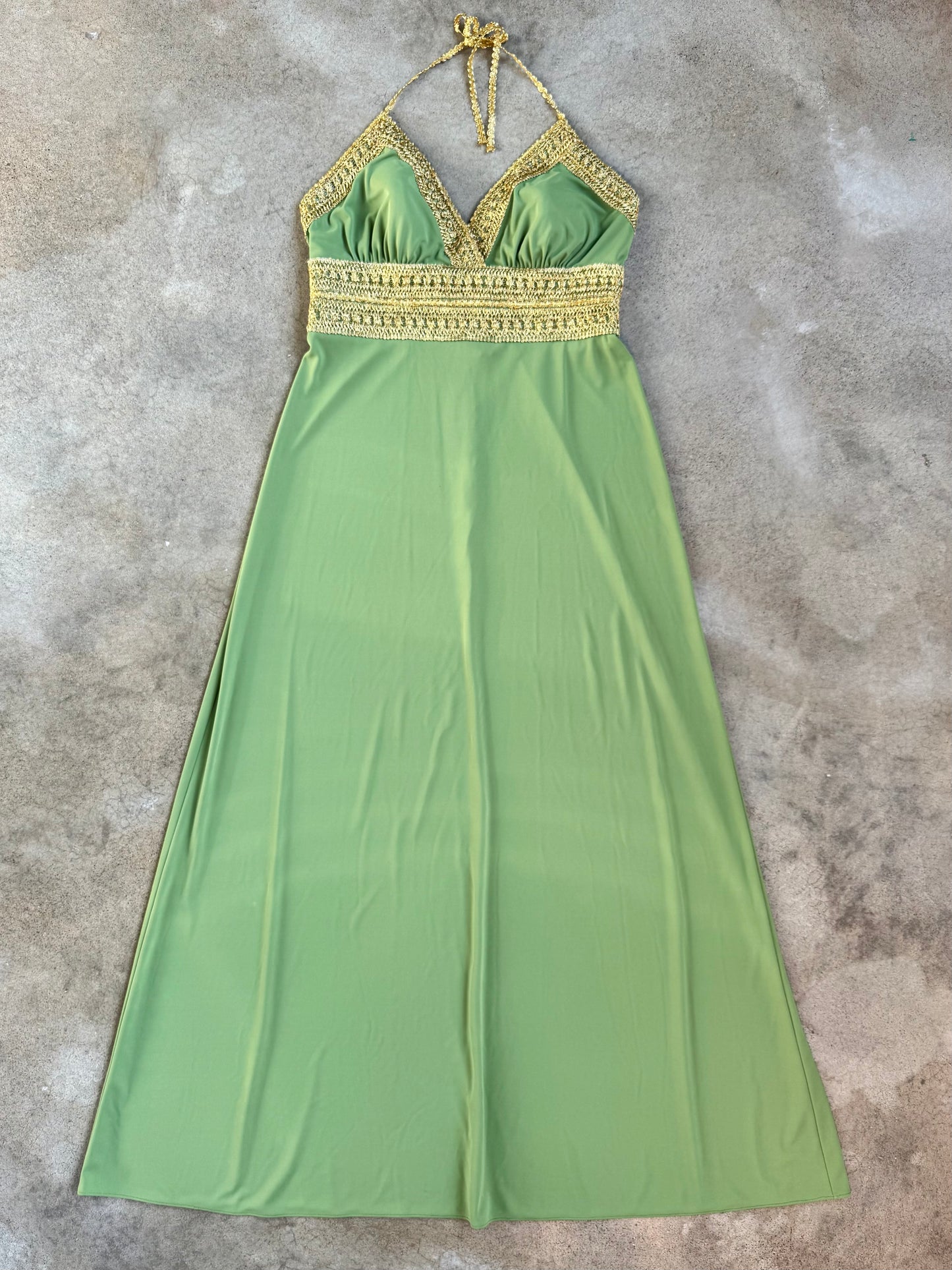 Vintage 1990s Betsy & Adam Green & Gold Trim Formal Full-Length Halter Dress | XL