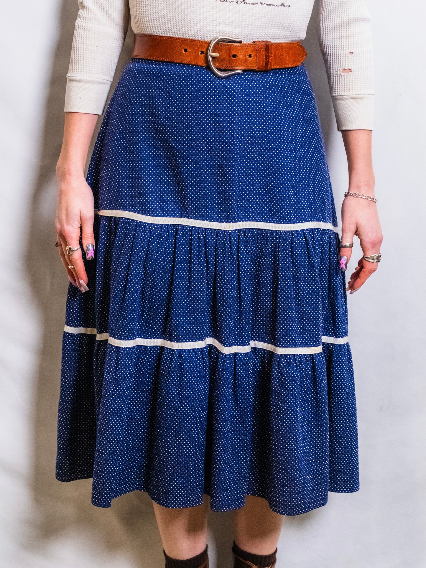 Vintage 1960s Blue & White Polka Dot Cotton Tiered Western Skirt | Waist 30”