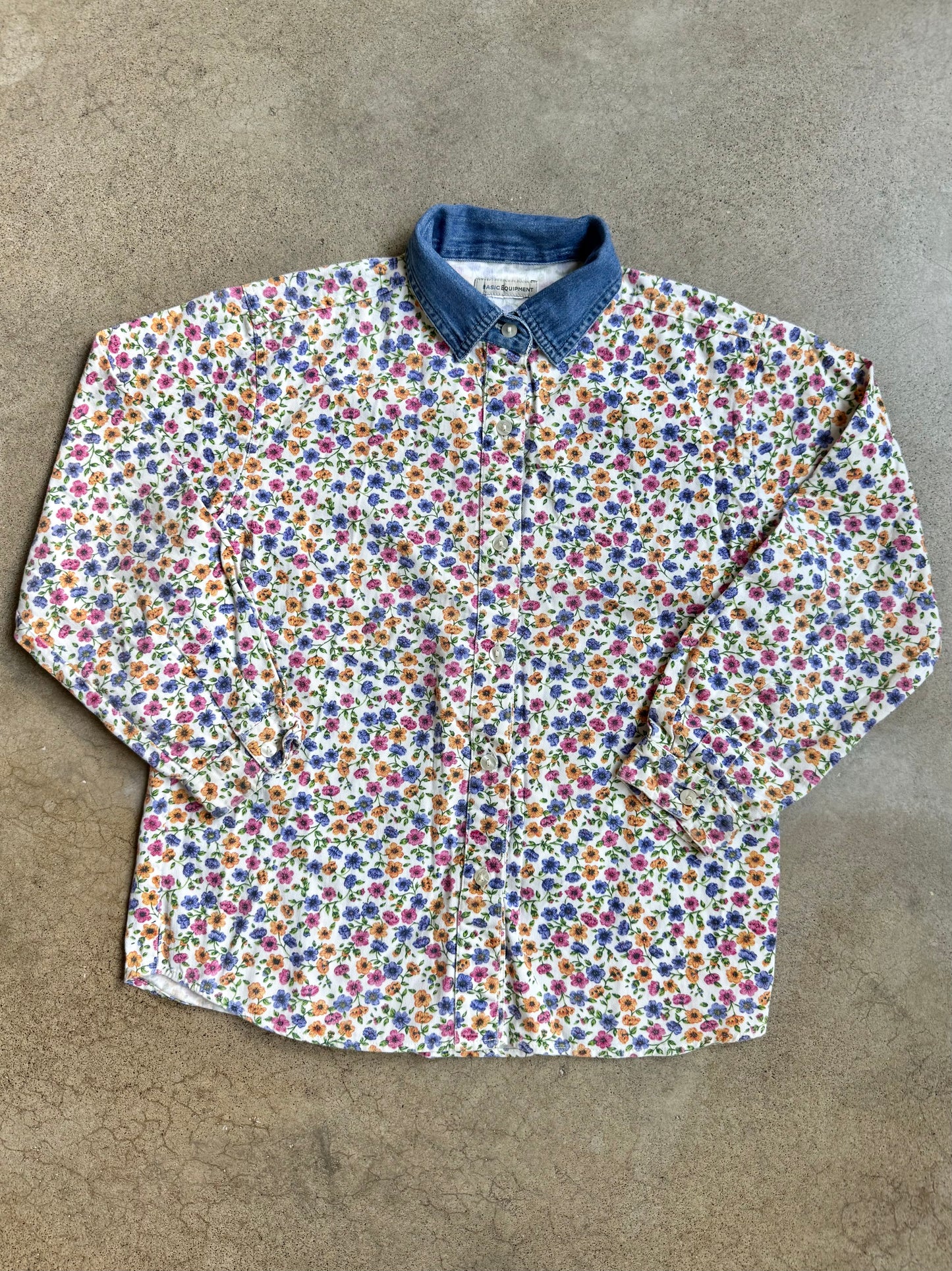Vintage 1990s Basic Equipment Denim Collar Floral Printed Shirt | XS/S