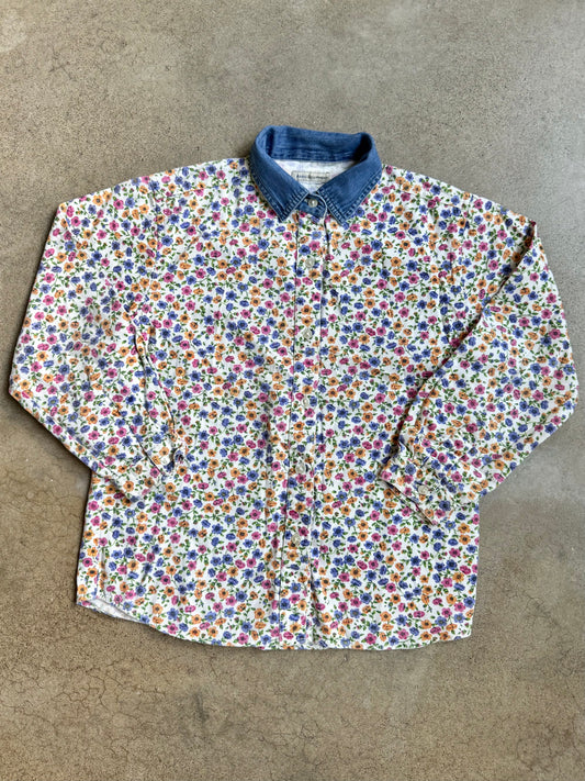 Vintage 1990s Basic Equipment Denim Collar Floral Printed Shirt | XS/S