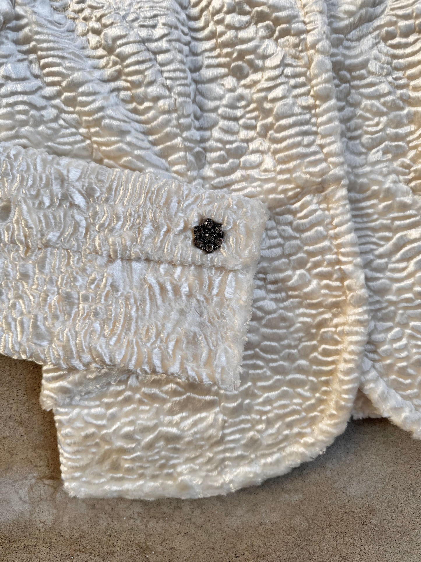 Vintage White Faux Fur Rhinestone Button Jacket | Small