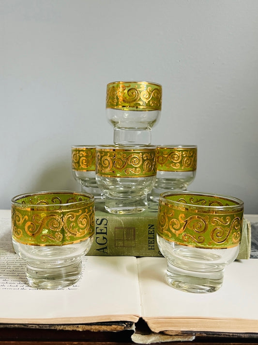 Vintage Culver Green & Gold Speck Glasses | Set of 6