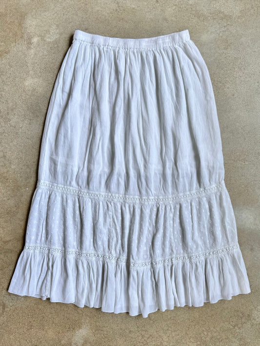 2000s White Floral Embroidered Tiered Maxi Skirt | Medium