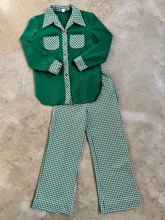 Vintage 1970s Green Gingham Two-Piece Polyester Suit | S/M