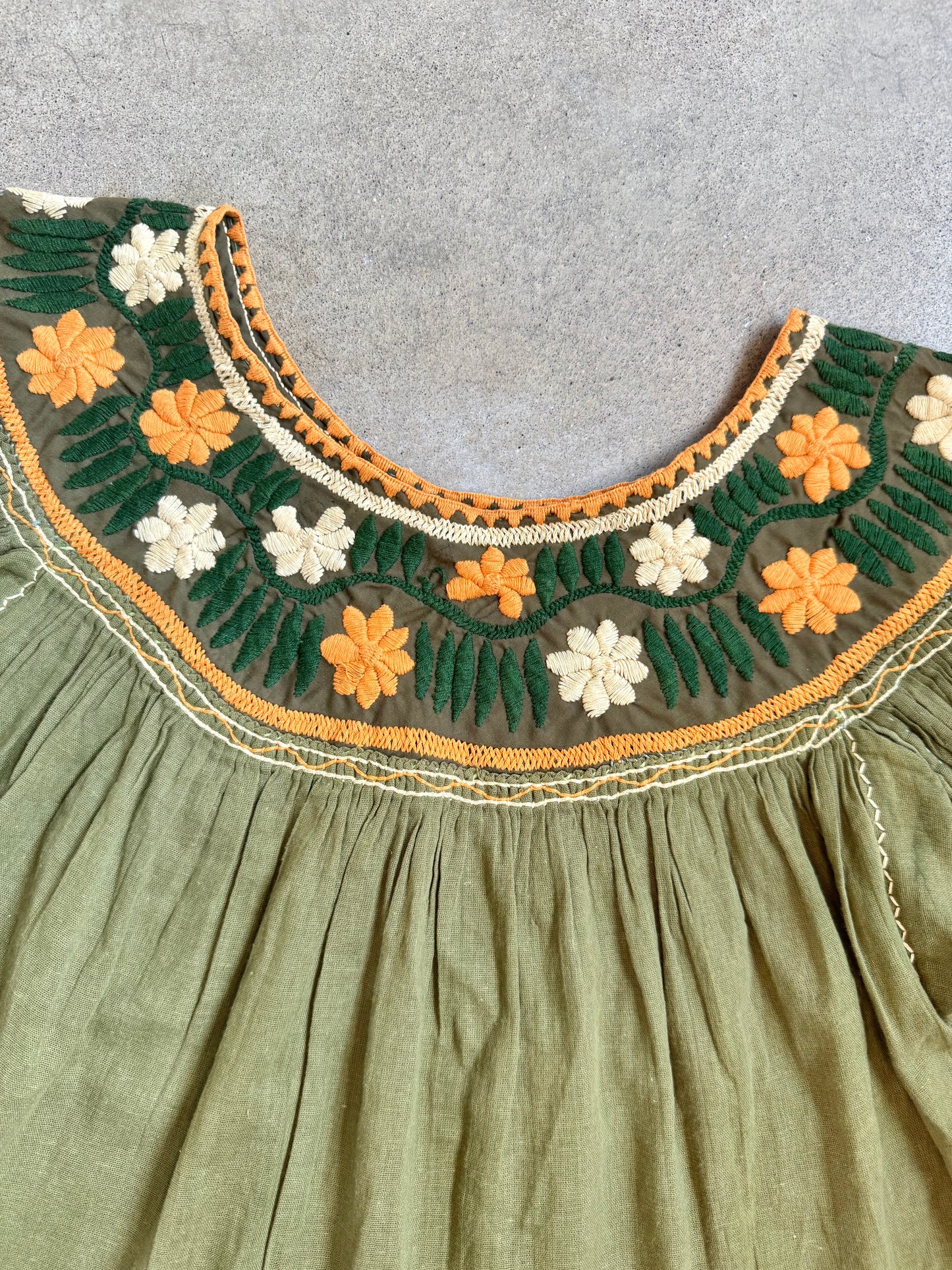 Vintage 1970s Green & Orange Floral Embroidered Peasant Blouse | S/M
