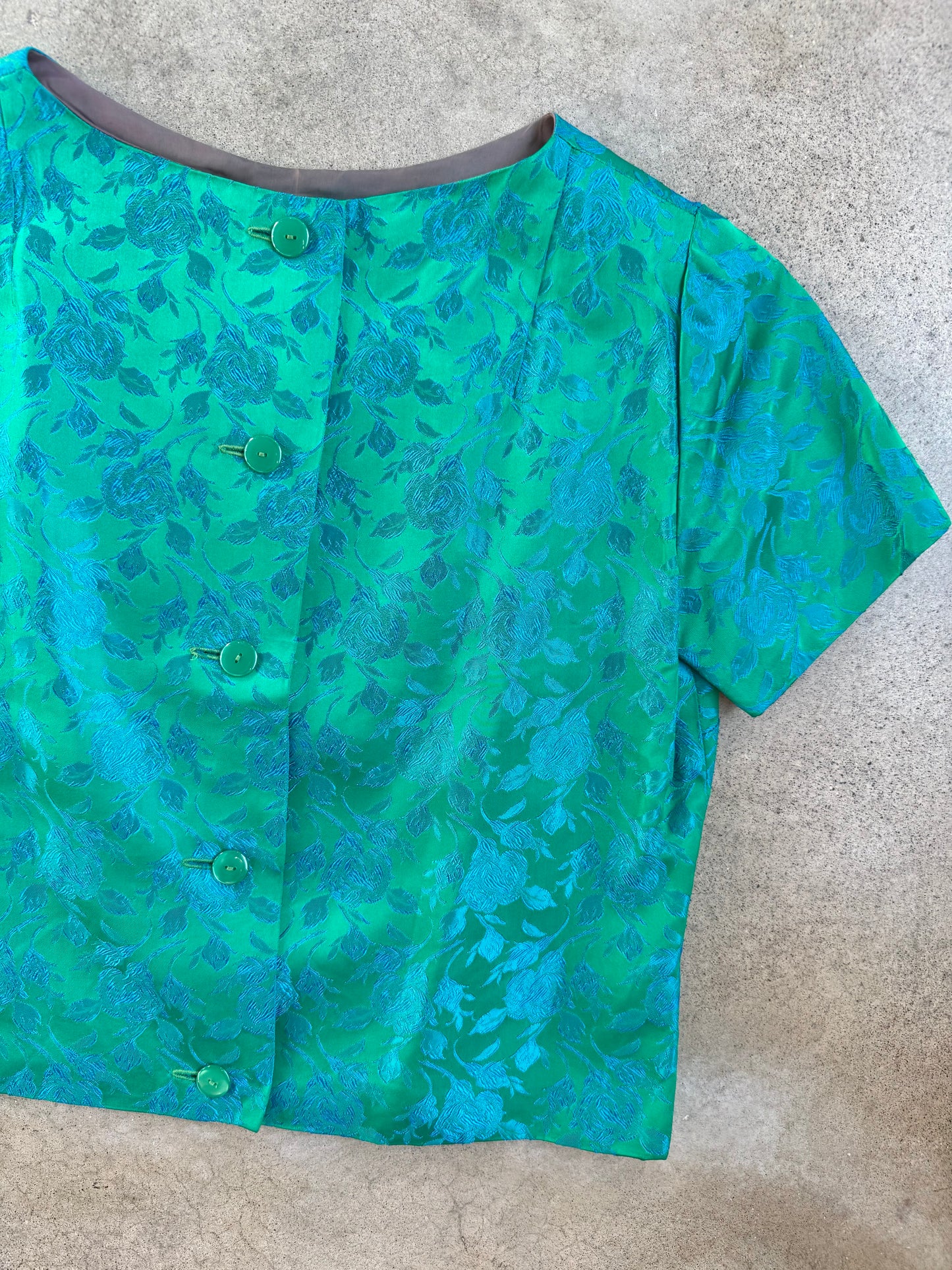 Vintage 1950s Handmade Green & Blue Floral Satin Brocade Button-Back Blouse | Large