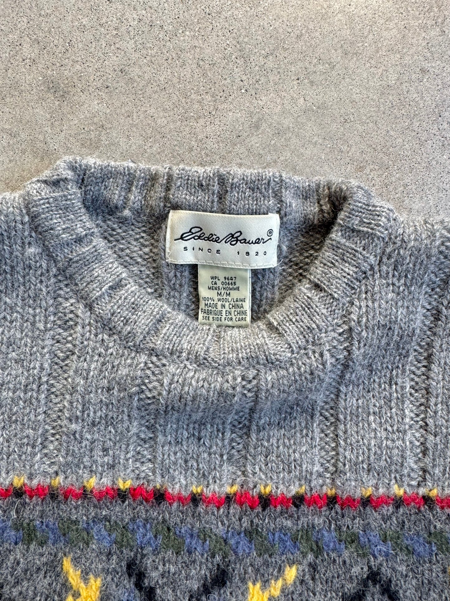 Vintage 1990s Eddie Bauer Grey Nordic Pattern Wool Sweater | Medium