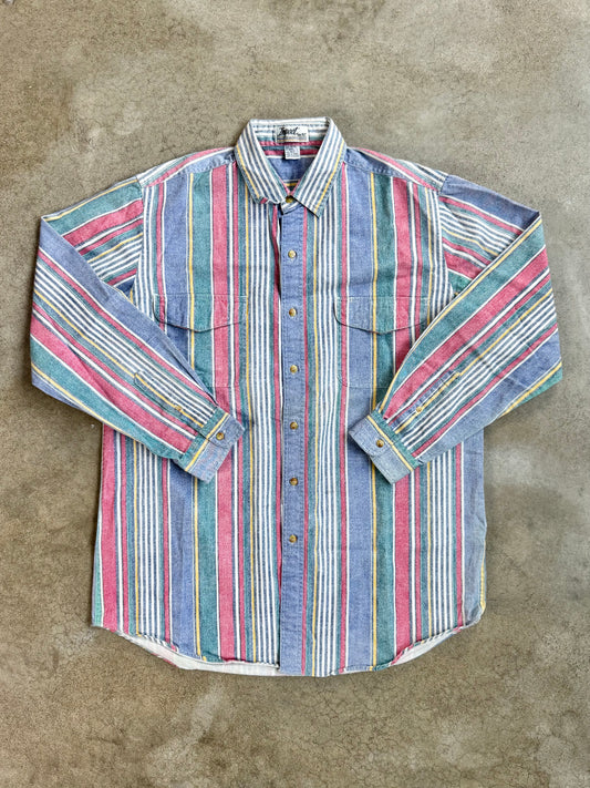 Vintage 1990s Impact Multi-Color Striped Cotton Button-Up Shirt | XLT