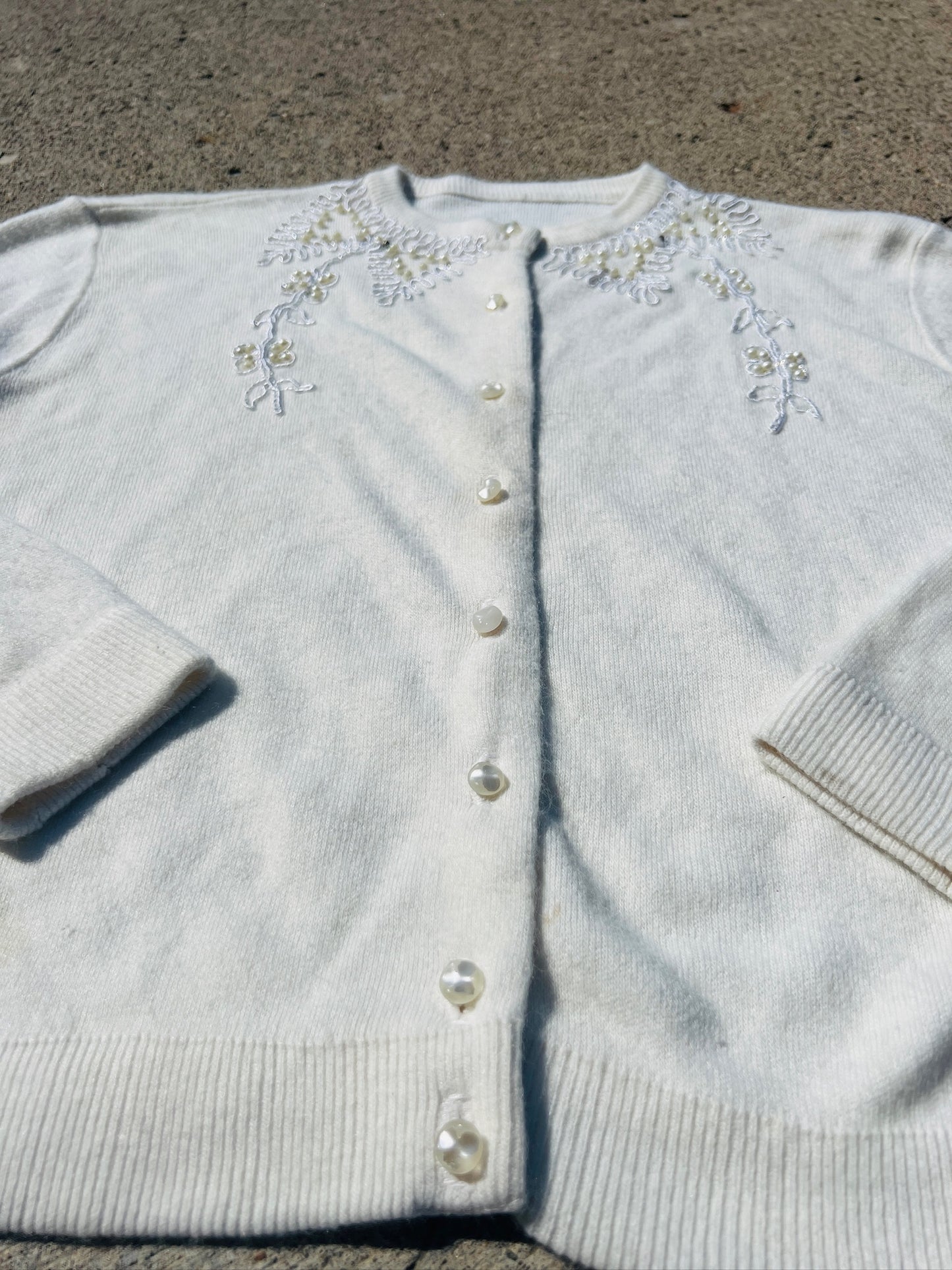 Vintage 1950s White Beaded Cashmere Cardigan | S/M