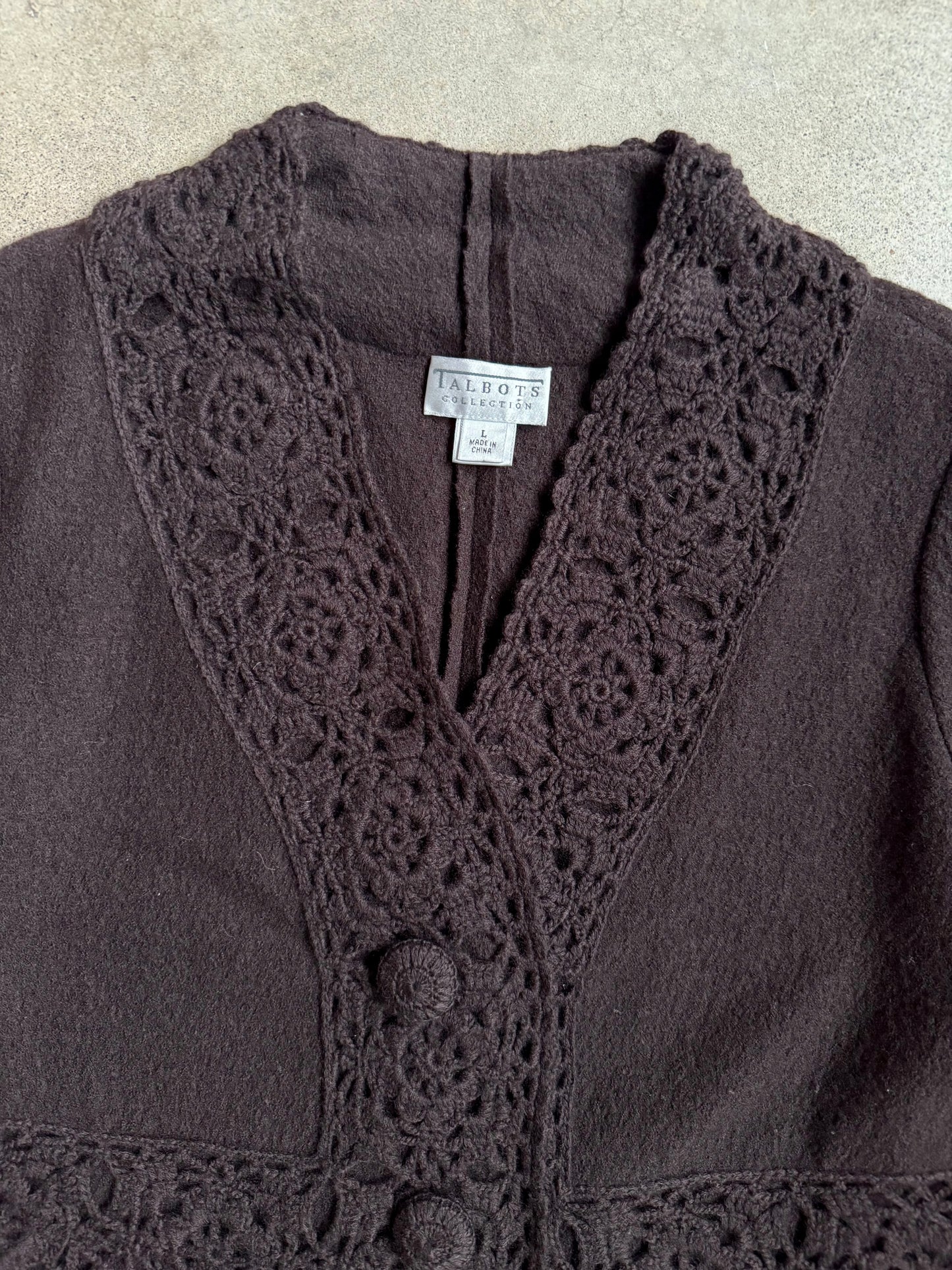 2000s Talbots Collection Brown Wool Crochet Trim Cardigan | Large