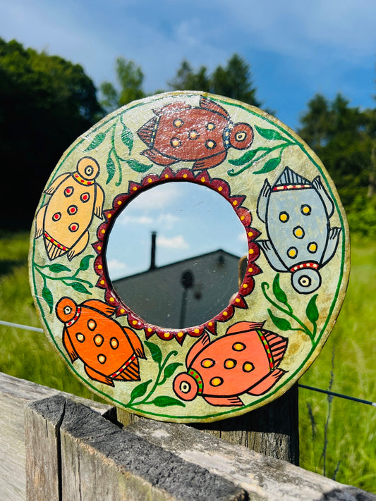 Vintage 1990s Round Hand-Painted Turtle Folk Art Mirror