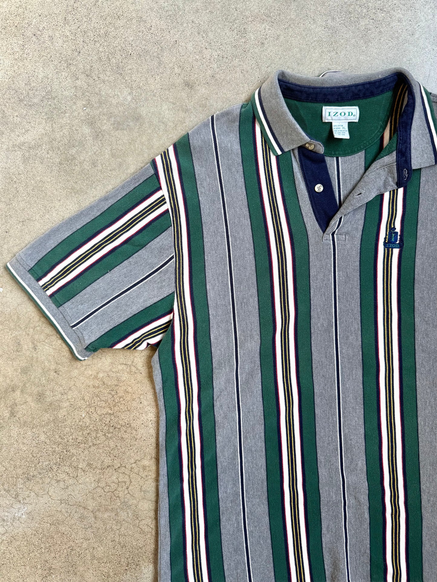 Vintage 1990s Izod Grey & Green Striped Cotton Polo Shirt | XL