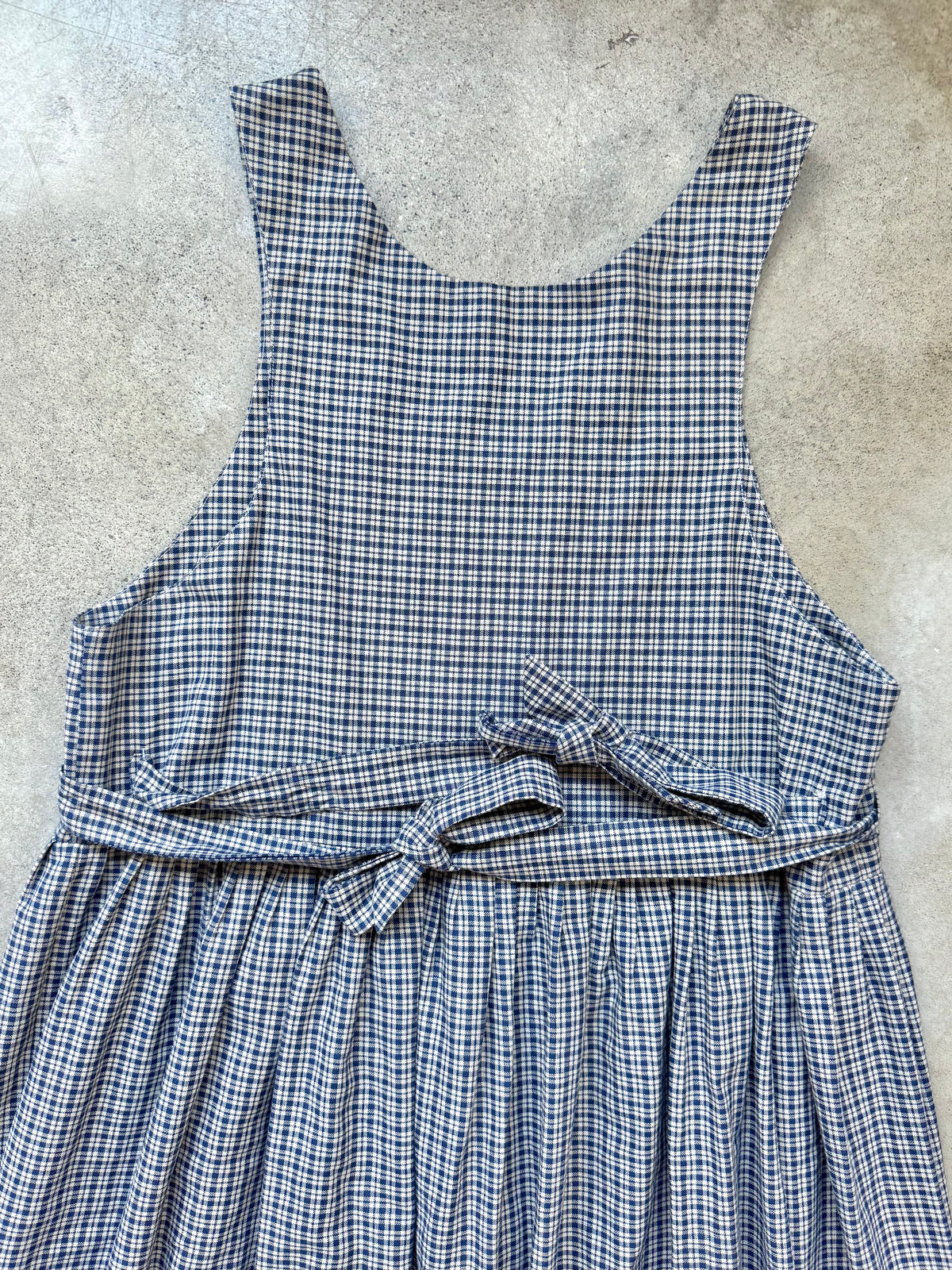 Vintage Handmade Blue Plaid Fruit Appliqué Tie-Back Pinafore Dress | Large