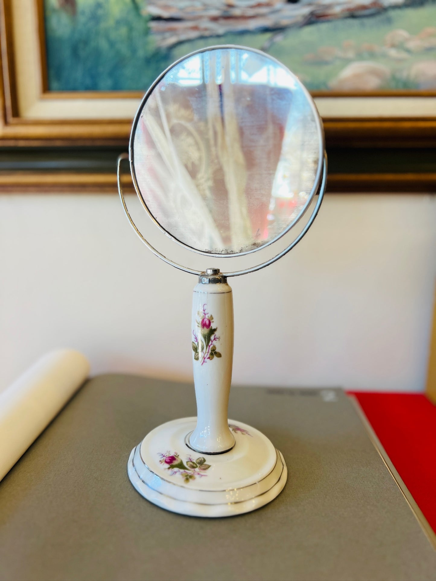 Vintage 1950s Ceramic Floral Two Sided Vanity Makeup Mirror