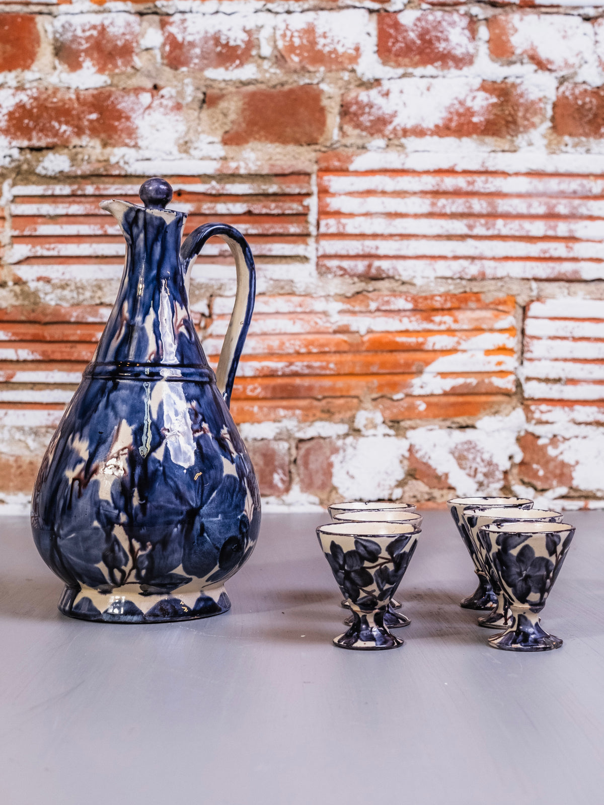 Vintage Oaxaca Mexican Chorreada Pottery Pitcher & Goblets Set