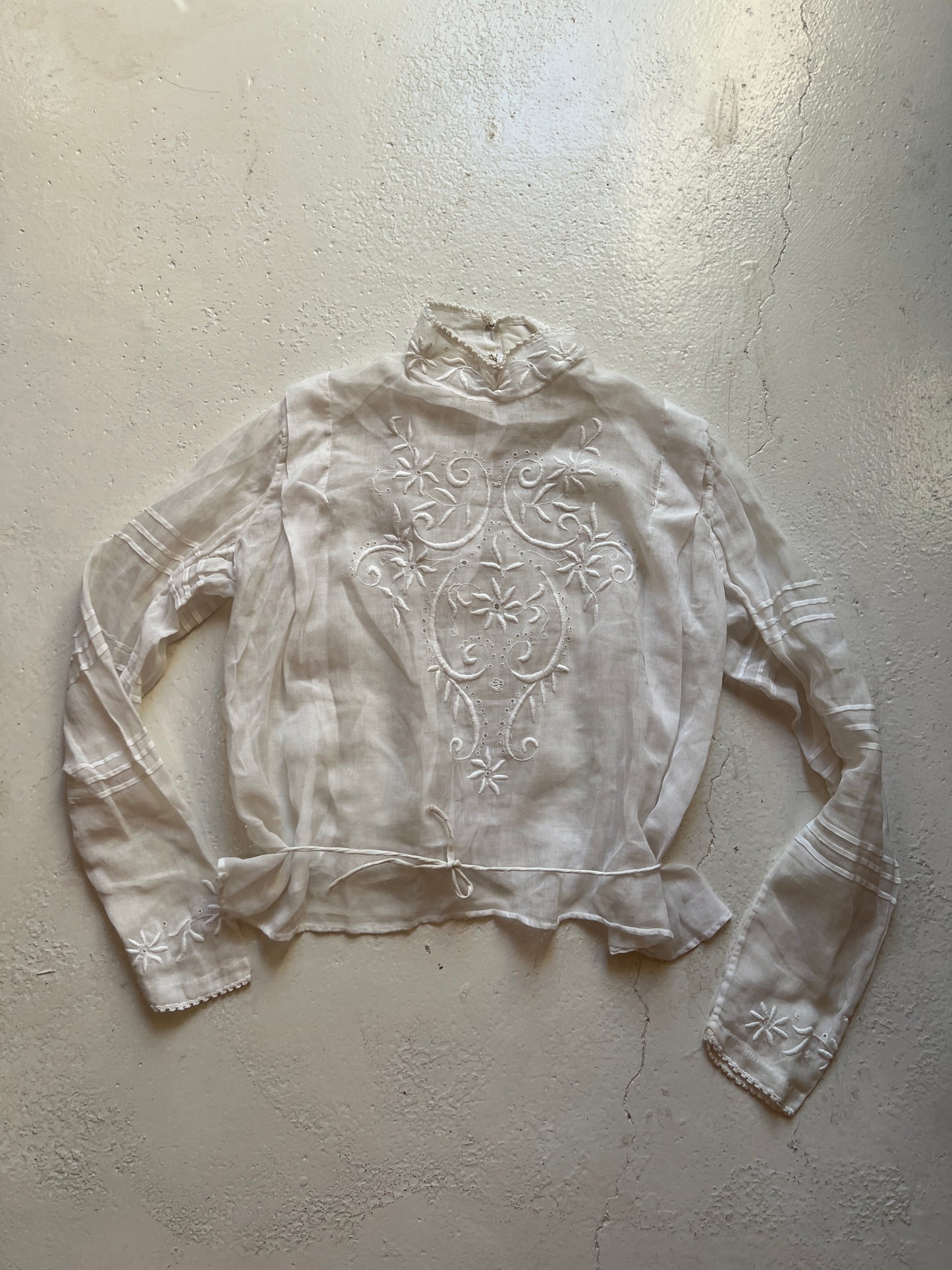 Antique Edwardian Sheer Embroidered High Neck Blouse | Small