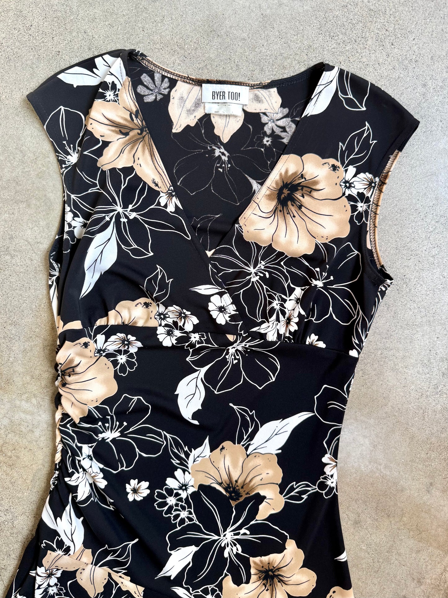 Vintage 1990s Byer Too! Black & Tan Floral Print Sleeveless Midi Dress | Large