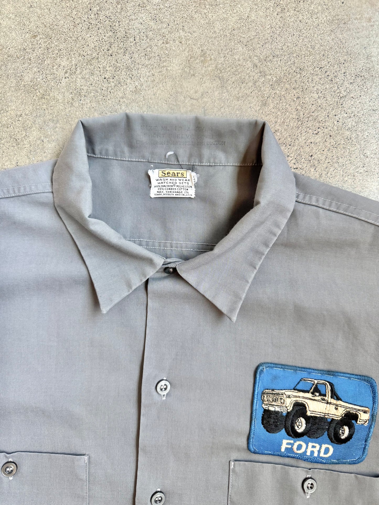 Vintage 1970s Sears Grey Ford Patch Mechanic Shirt | XL