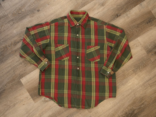 Vintage 1970s Green & Red Plaid Cotton Flannel Shirt | XL
