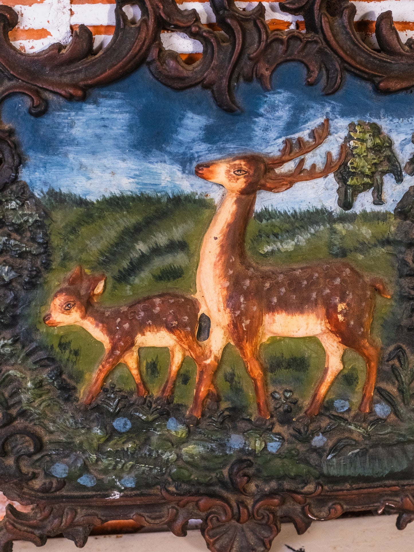 Antique Cast Iron Relief “Deer in Forest” Ornate Wall Plaque
