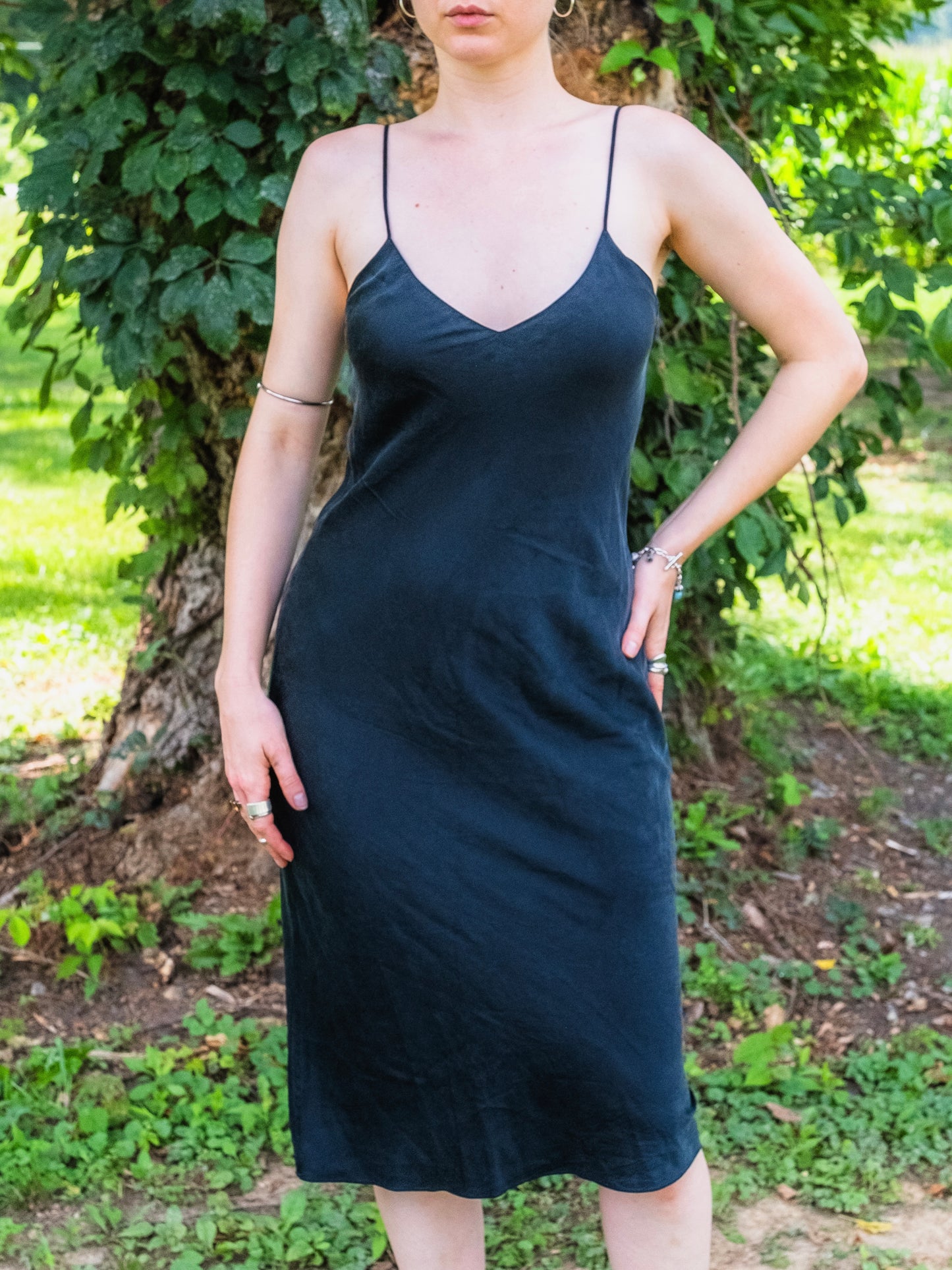 Vintage 1980s Sami New York for Montaldo’s 100% Silk Black Slip Dress | Small