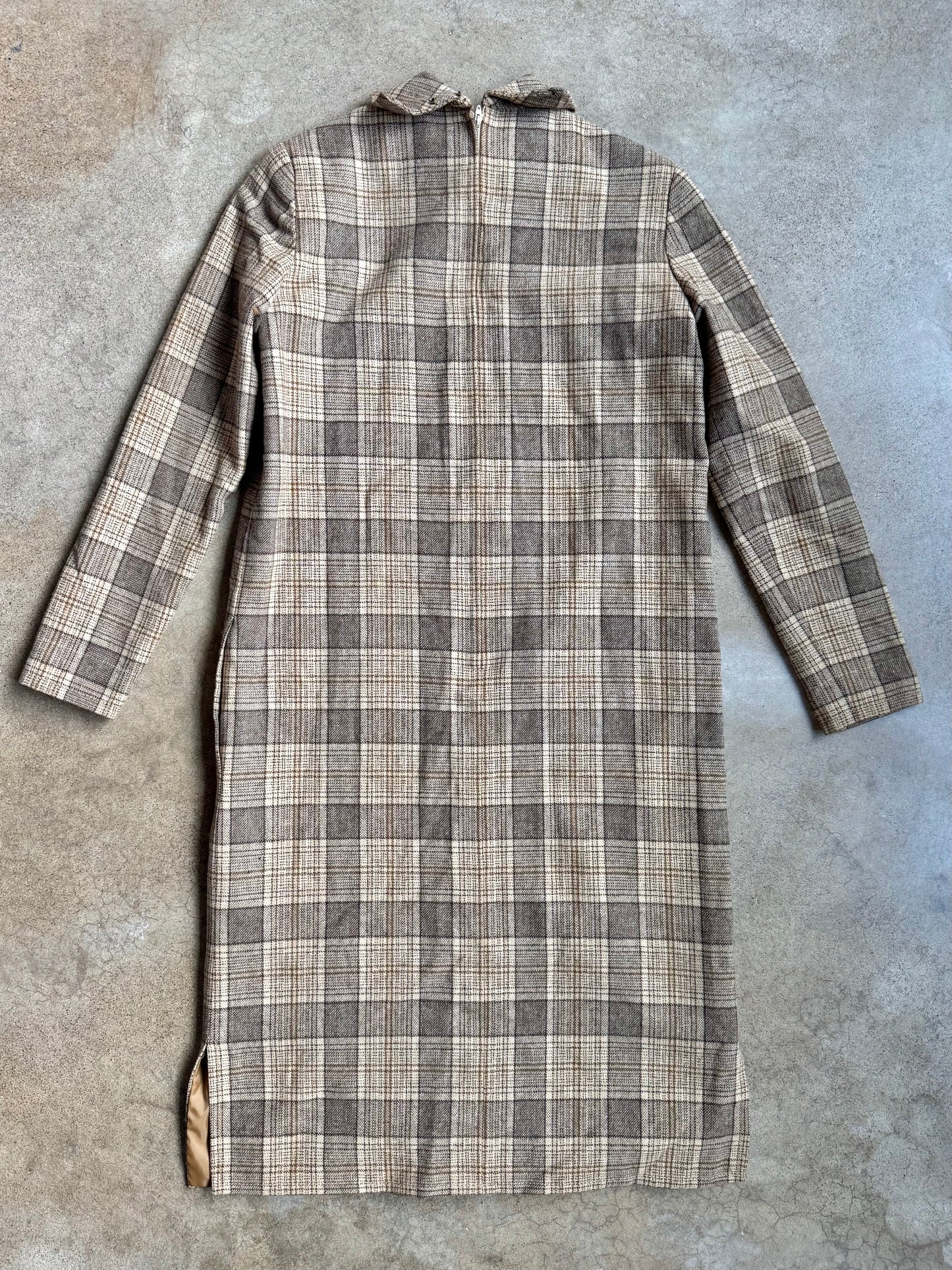 Vintage 1960s Pendleton Brown-Tone Plaid Wool High-Neck Belted Dress | Small
