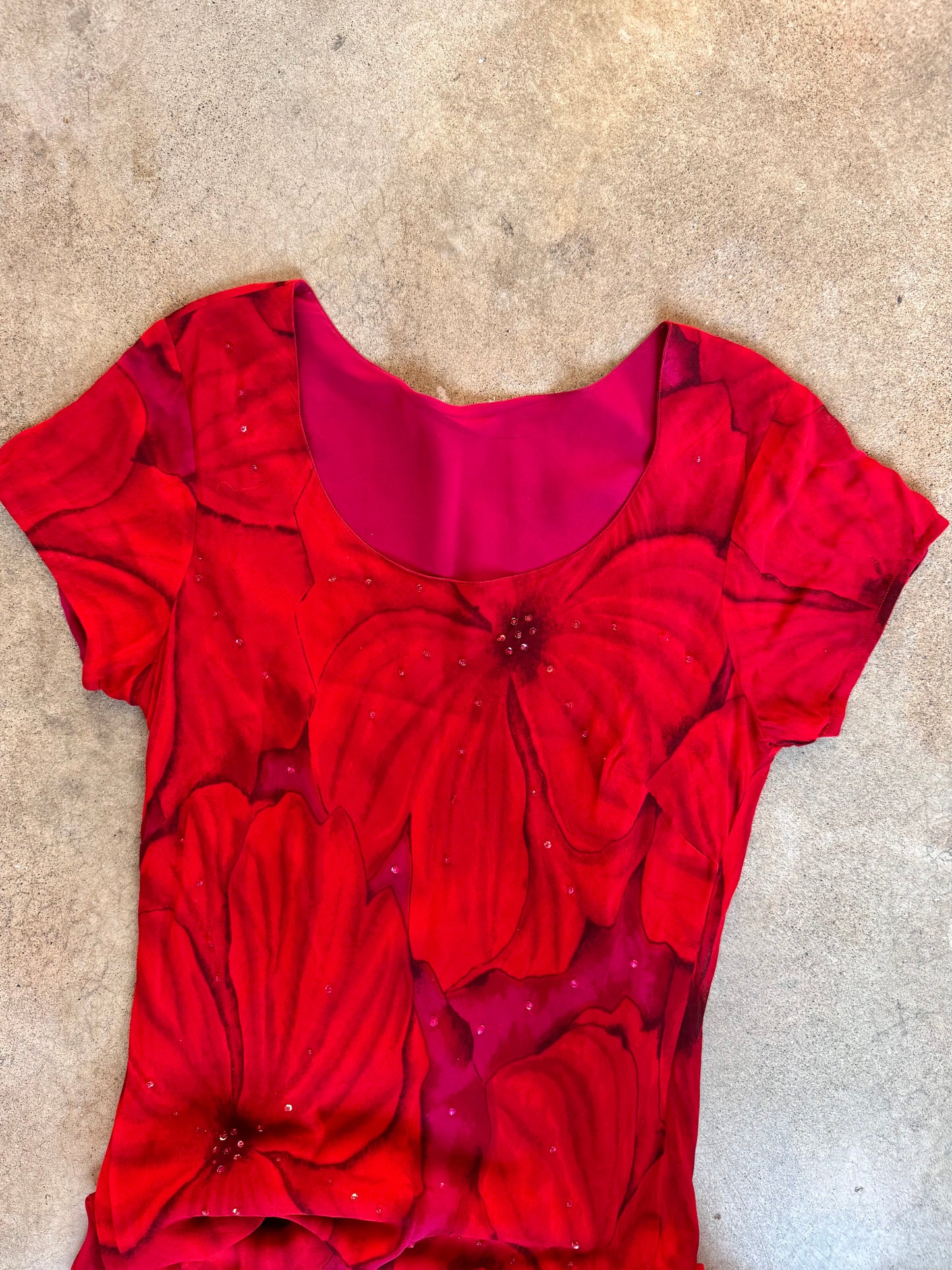 Vintage 1990s Red & Pink Floral Sequined Silk Short Sleeve Maxi Dress | Large