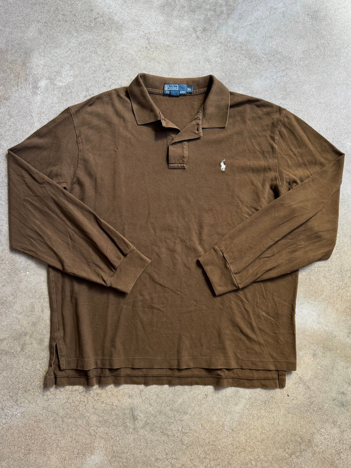 Vintage 1990s Polo Ralph Lauren Brown Cotton Long Sleeve Polo Shirt | XL