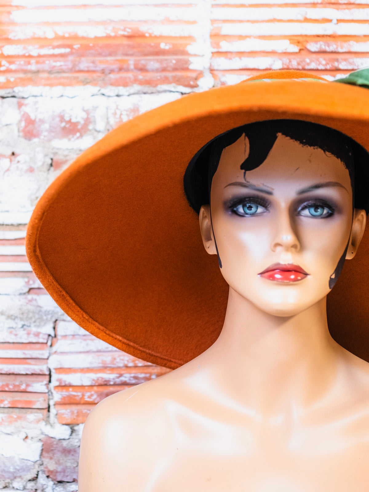 Vintage Rust Orange Felted Wool Wide Brim Hat w/ Green Plaid Scarf
