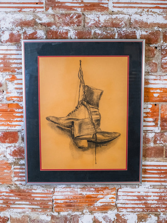 Vintage 1970s Framed “Hanging Pair of Boots” Charcoal Sketch | Signed