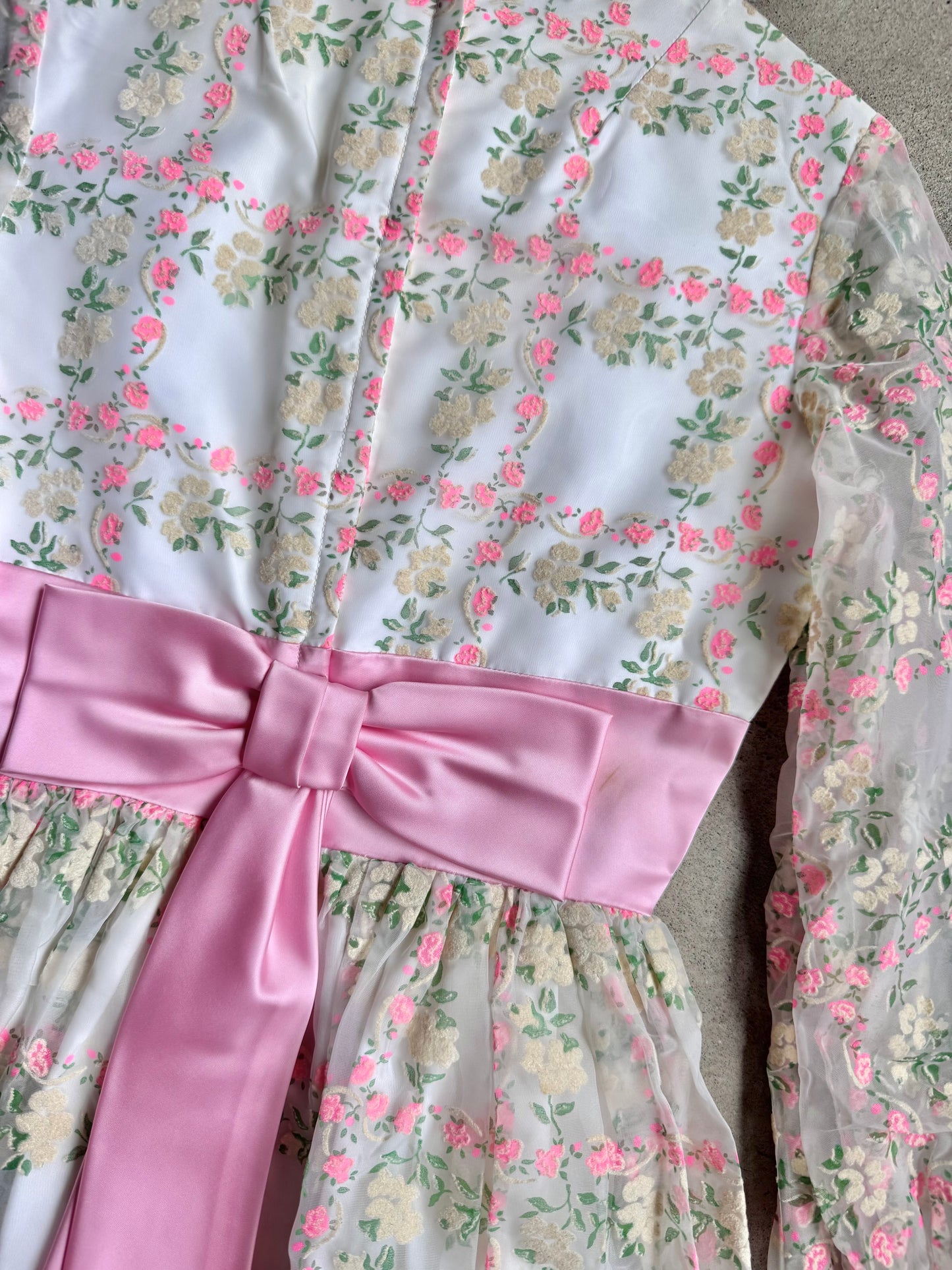 Vintage 1960s White & Pink Floral High-Neck Empire Waist Formal Dress | Small