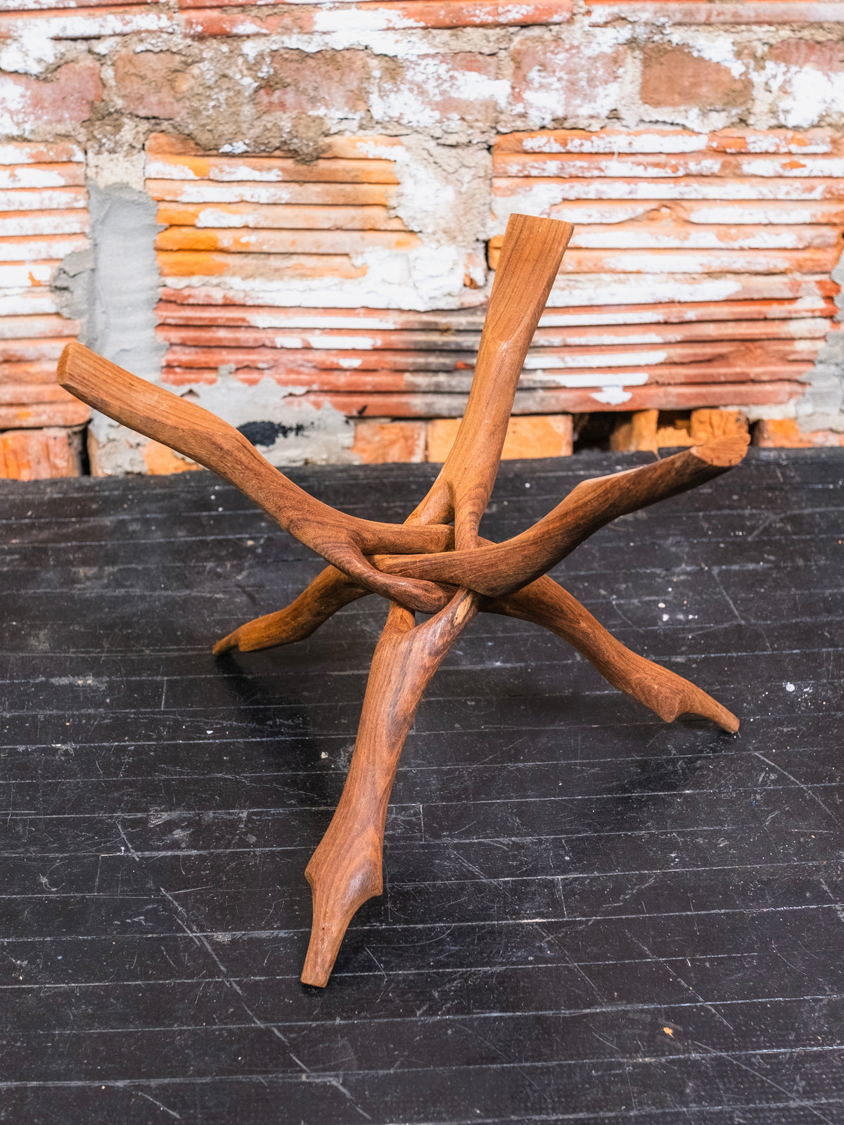 Vintage Hand-Carved Wood Interlocking Tripod Display Stand