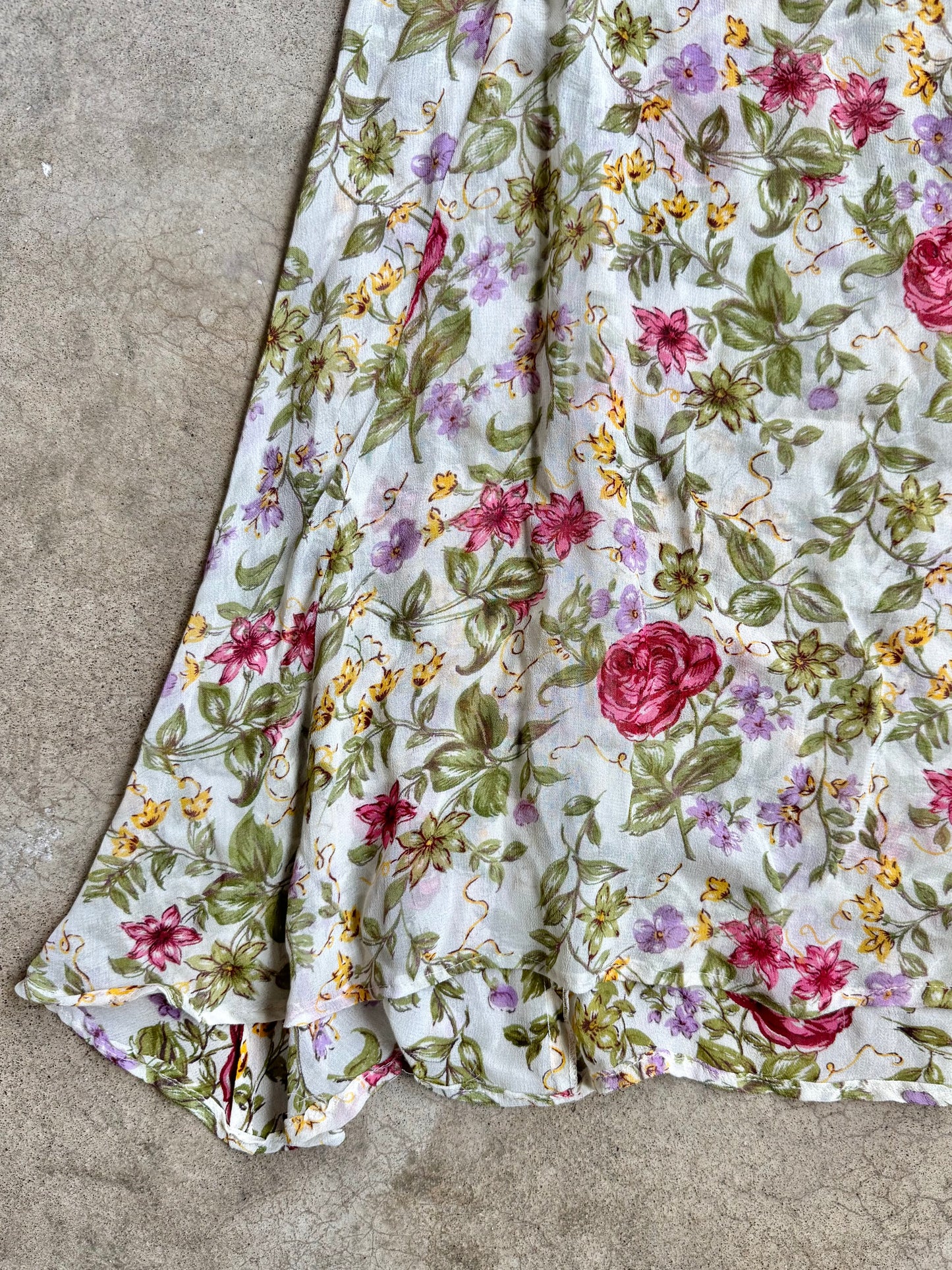 Vintage 1980s Sheer Floral Print Tie-Back Flutter Sleeve Summer Dress | M/L