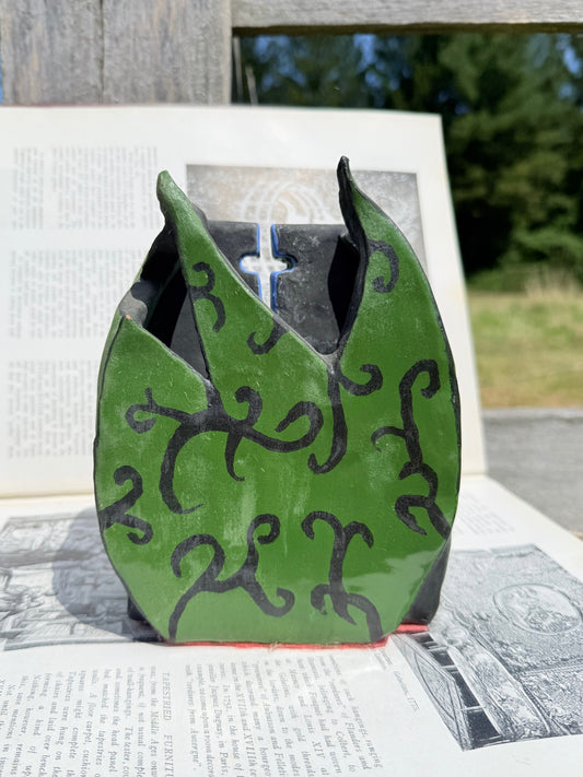Vintage 1970s Ceramic Hand-Painted Green Leaf Wall Pocket