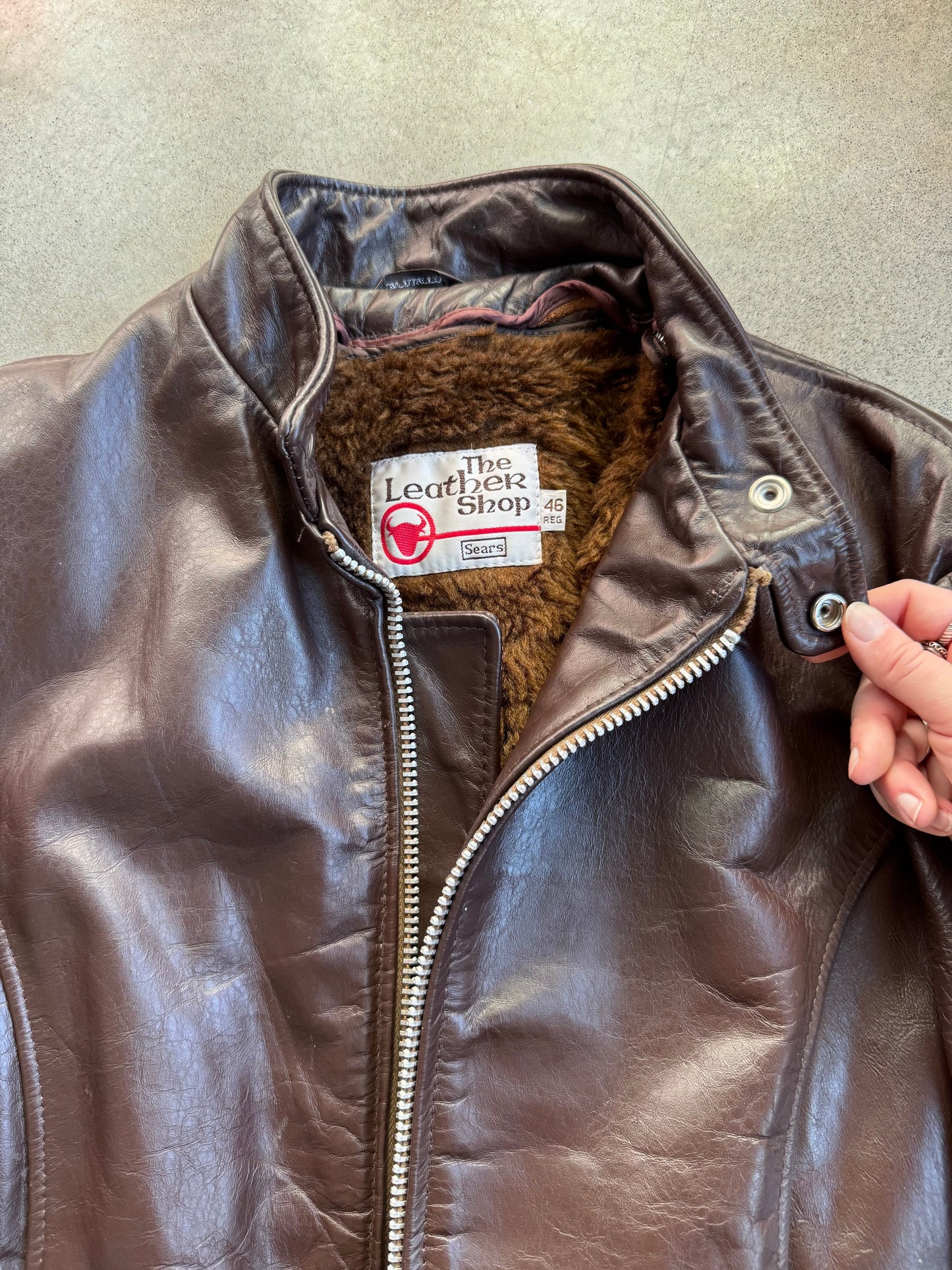 Vintage 1970s Sears The Leather Shop Brown Zip-Up Riding Jacket | 46R