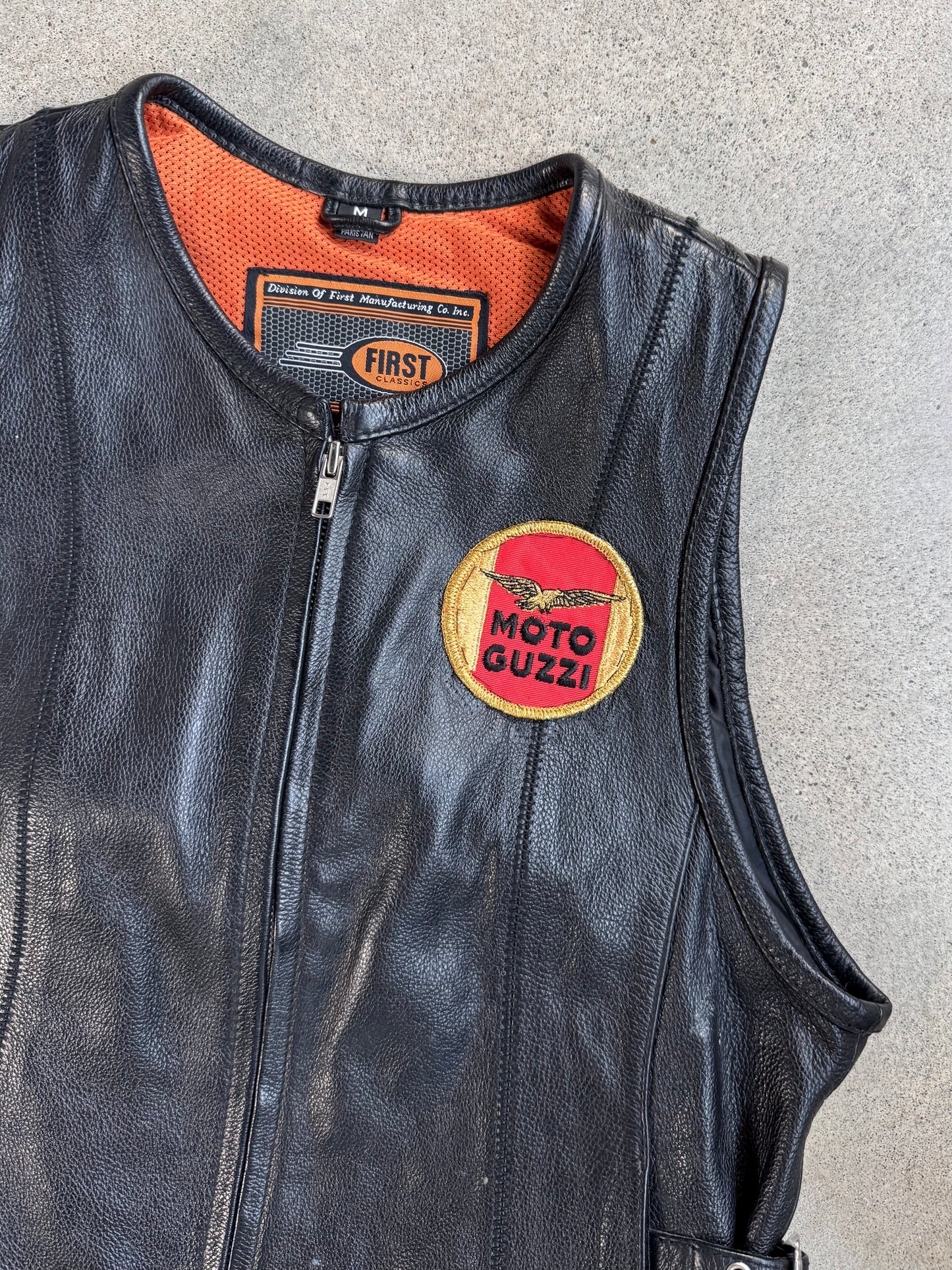 Vintage 1990s Moto Guzzi Patch Black Leather Zip-Up Biker Vest | Medium