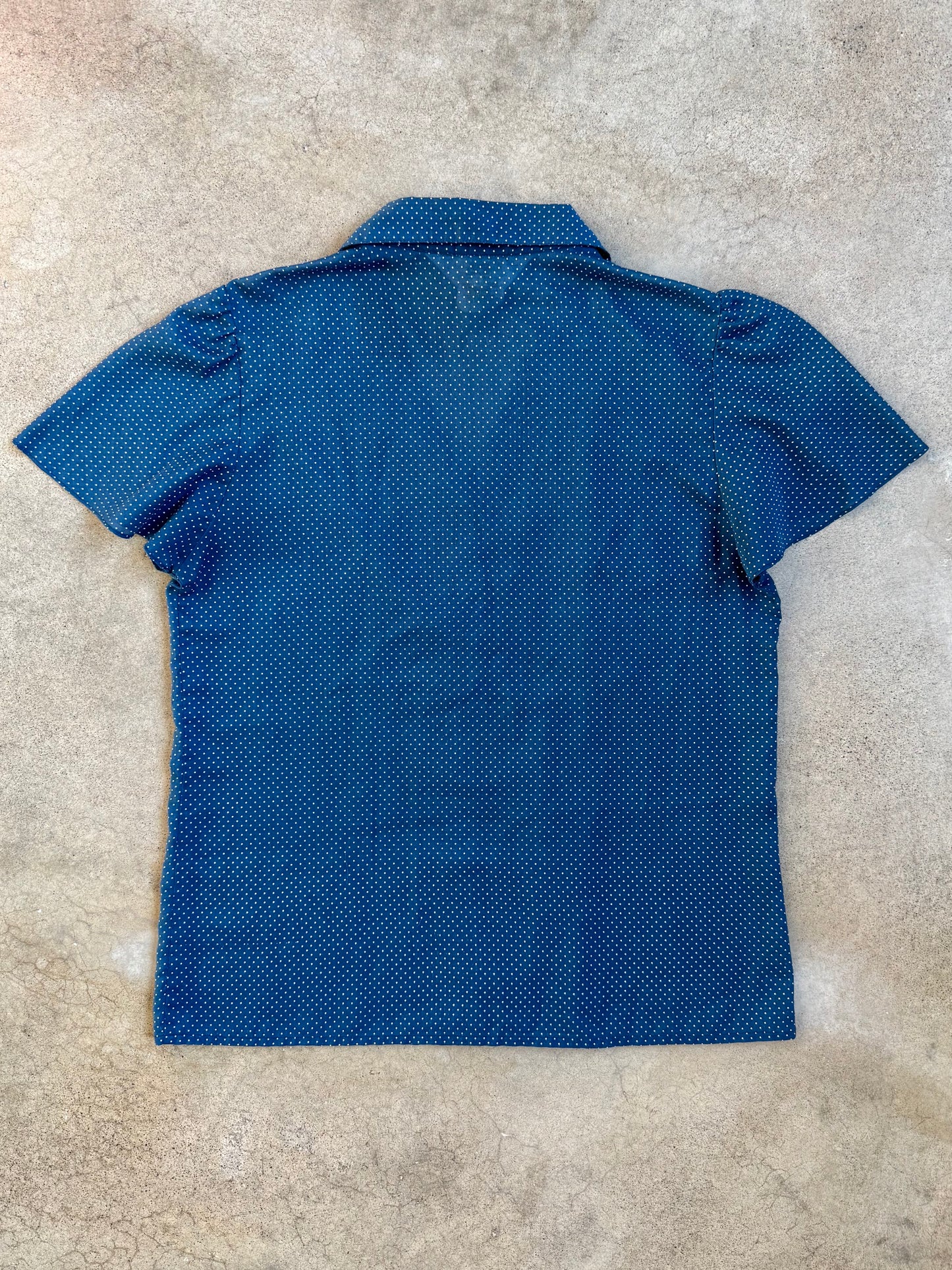 Vintage 1970s Ship'n Shore Blue & White Polka Dot Short Sleeve Blouse | S/M
