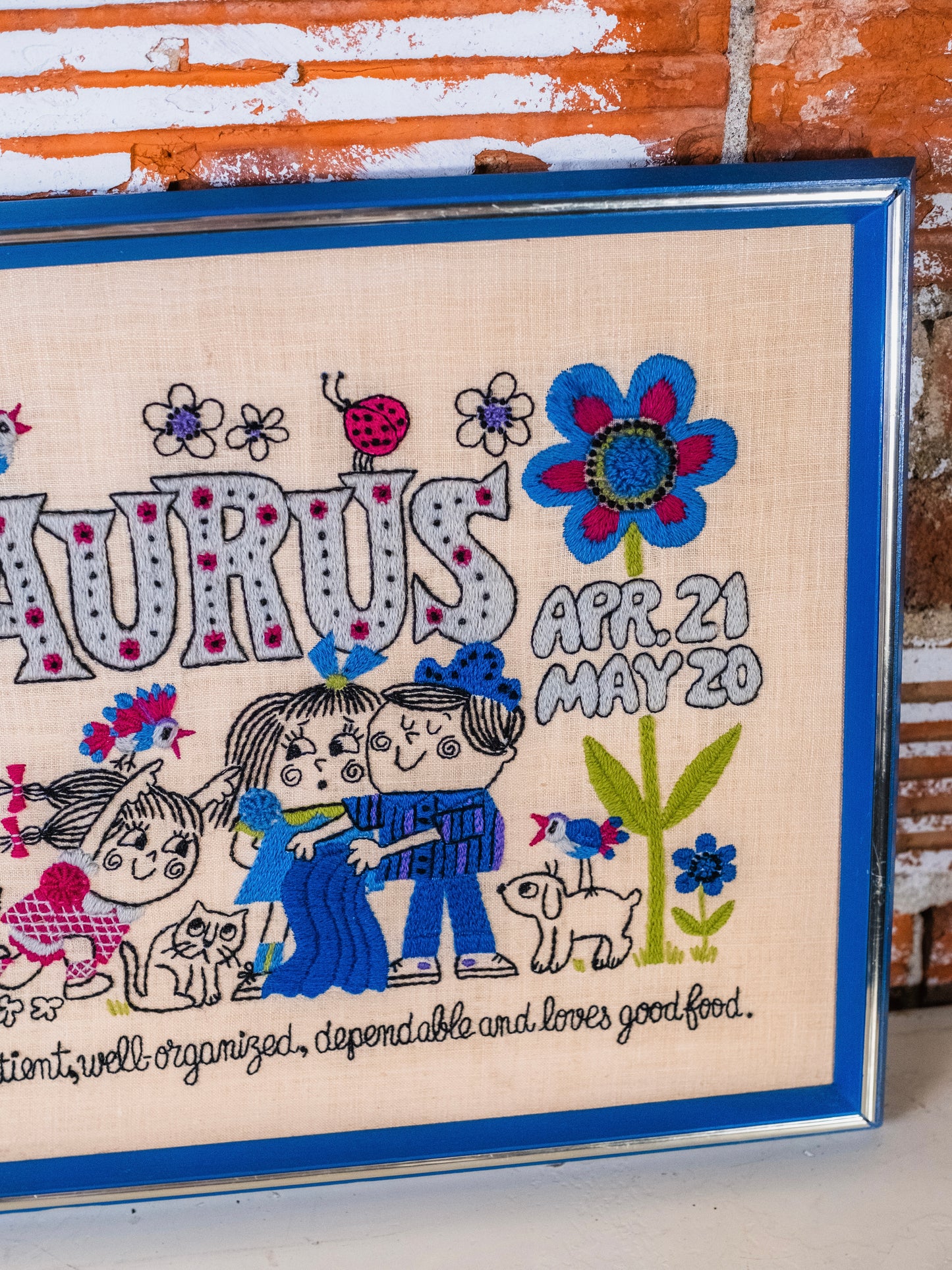 Vintage 1970s Framed Taurus Zodiac Crewel Embroidery Wall Hanging