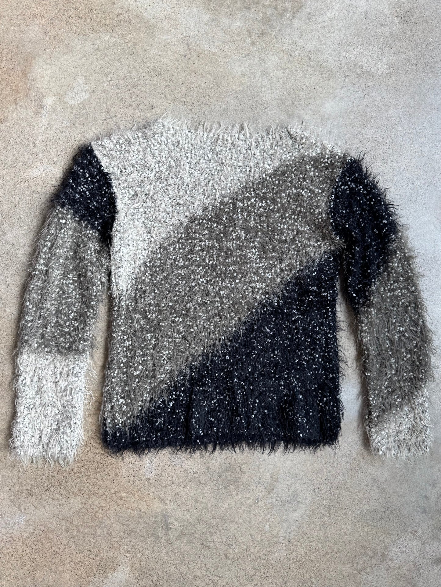 Vintage 1990s Hand Knit Tri-Color Fuzzy Knit Sweater | Medium