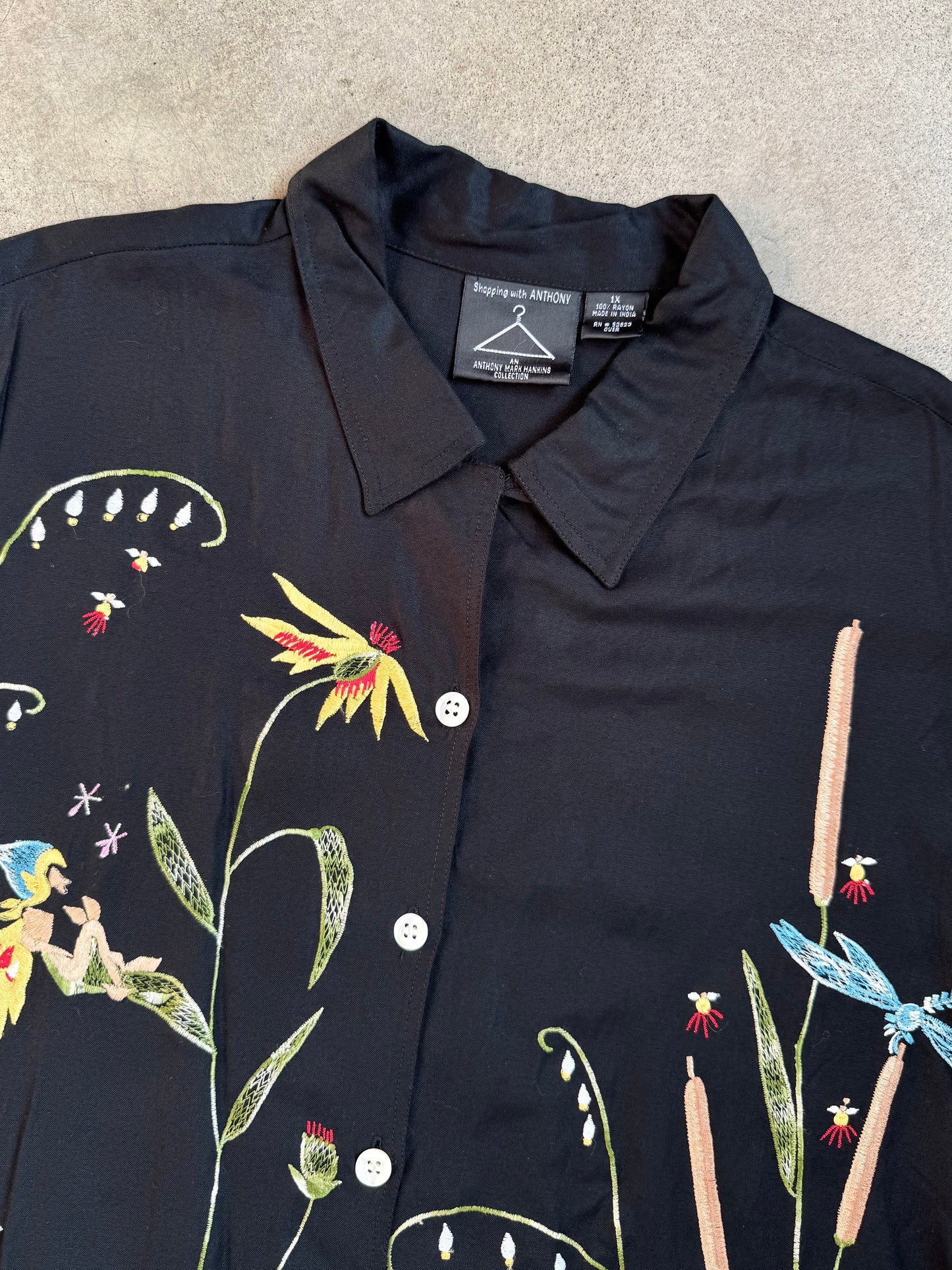 Vintage 1980s Anthony Mark Hankins Black Fairy Embroidered Shirt | 1X