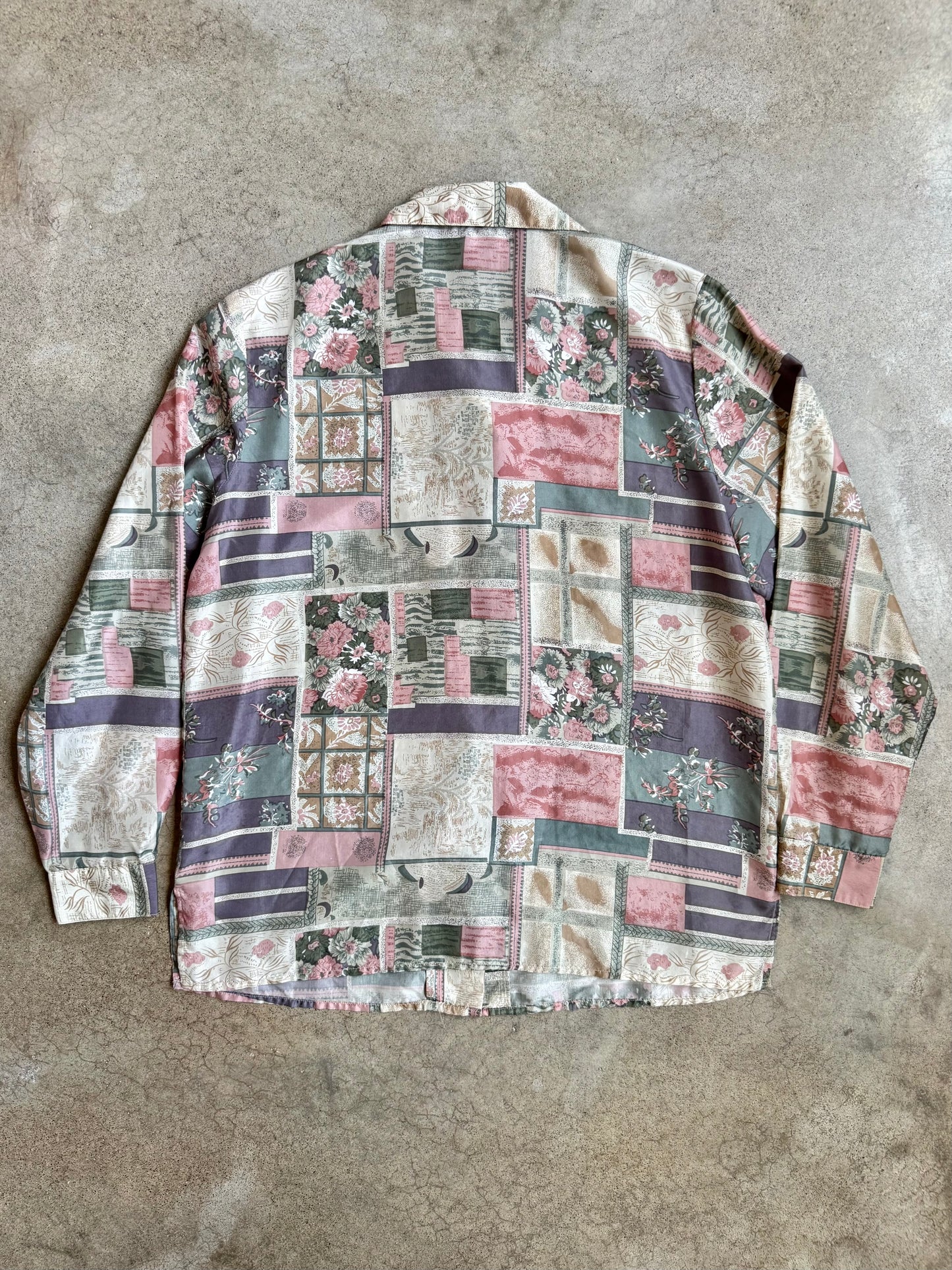 Vintage 1980s Stunt Floral Patchwork Printed Silk Blouse | Medium