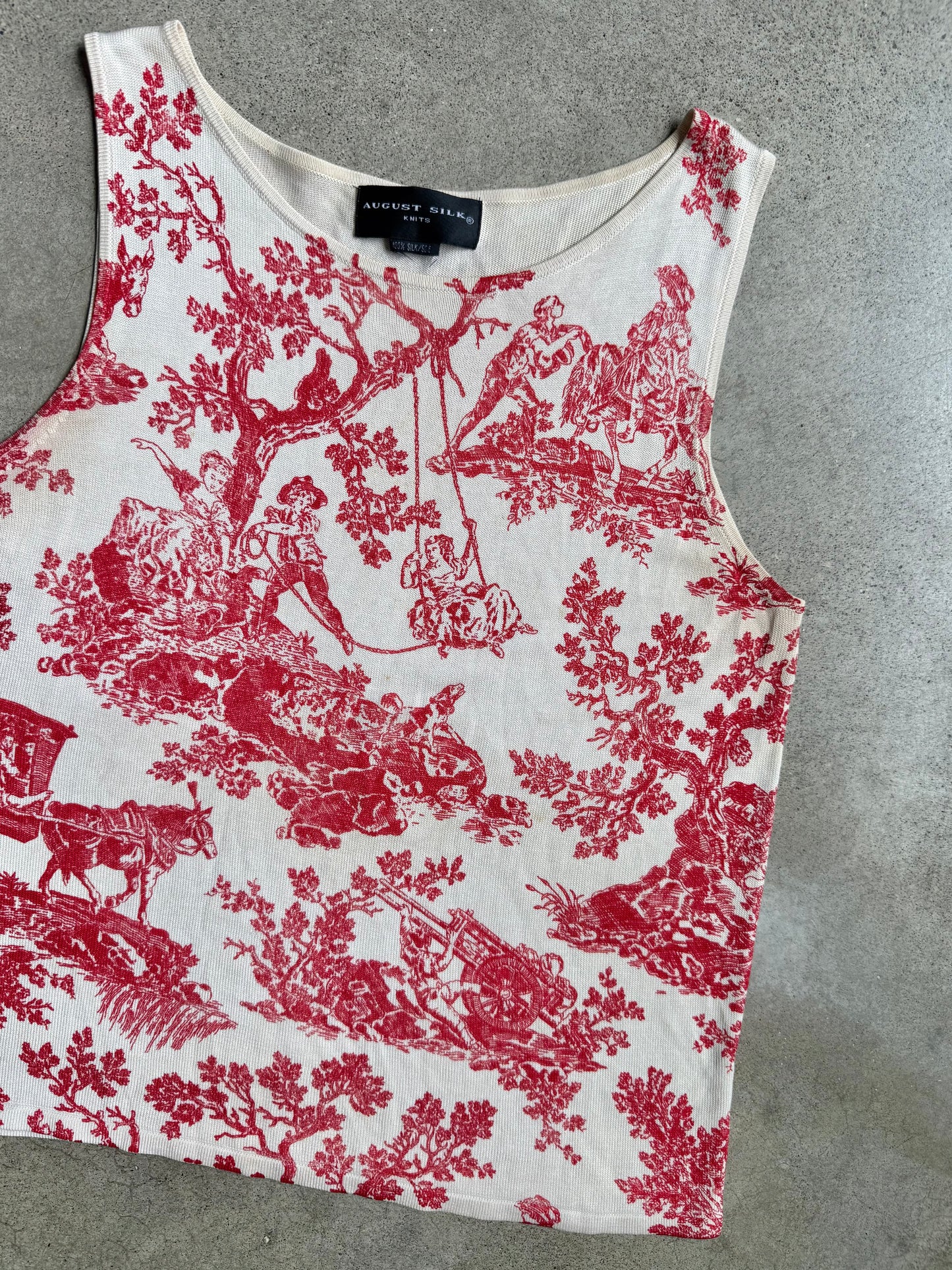 Vintage 1990s August Silk Red & Cream Toile Print 100% Silk Knit Tank Top | Medium