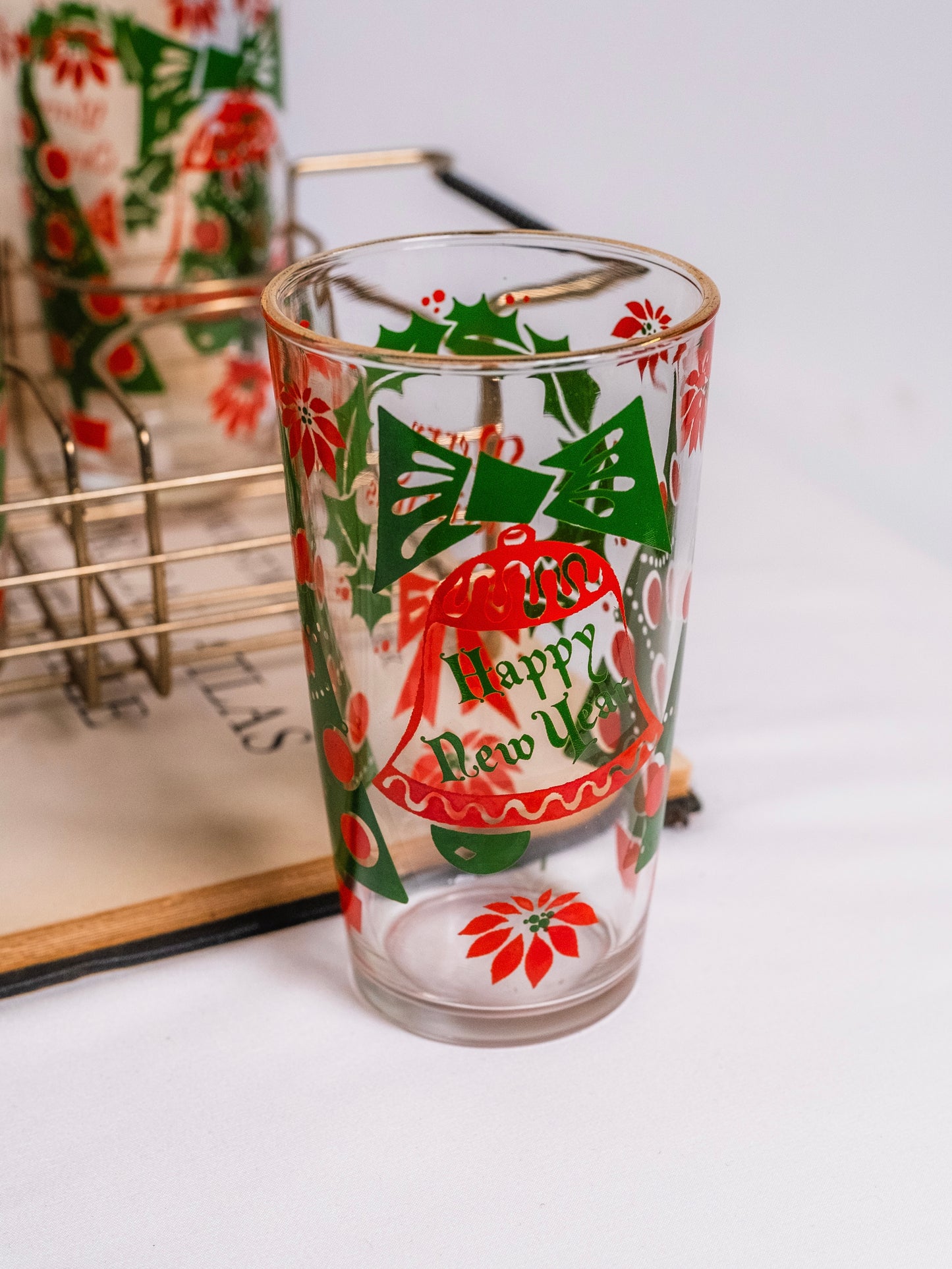 Vintage 1950s Hazel-Atlas Holiday Glass Tumblers & Metal Caddy | Set of 8