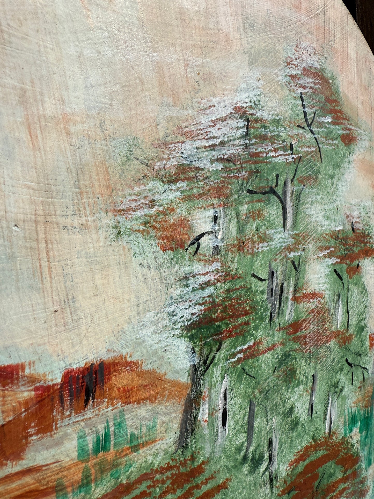 Vintage 1970s Round Asian Landscape Painting on Board