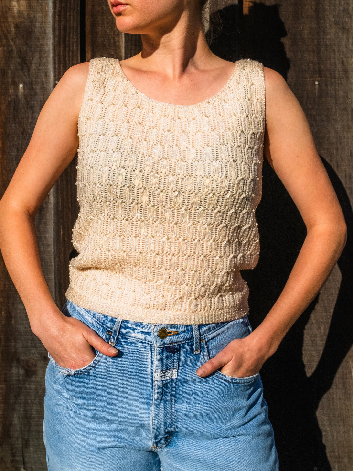 Vintage 1950s Peacock Sequin Beaded Cream Wool Knit Tank Top | Small