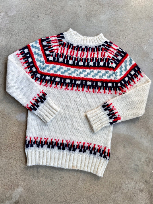 Vintage 1960s White Fair Isle Knit Sweater | Small