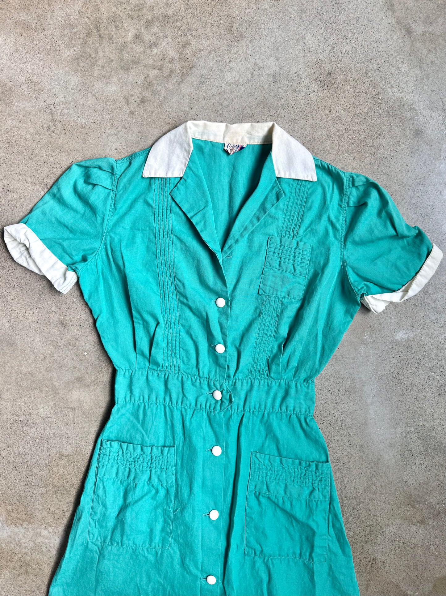 Vintage 1940s Teal & White Corliss Uniform Dress | XS
