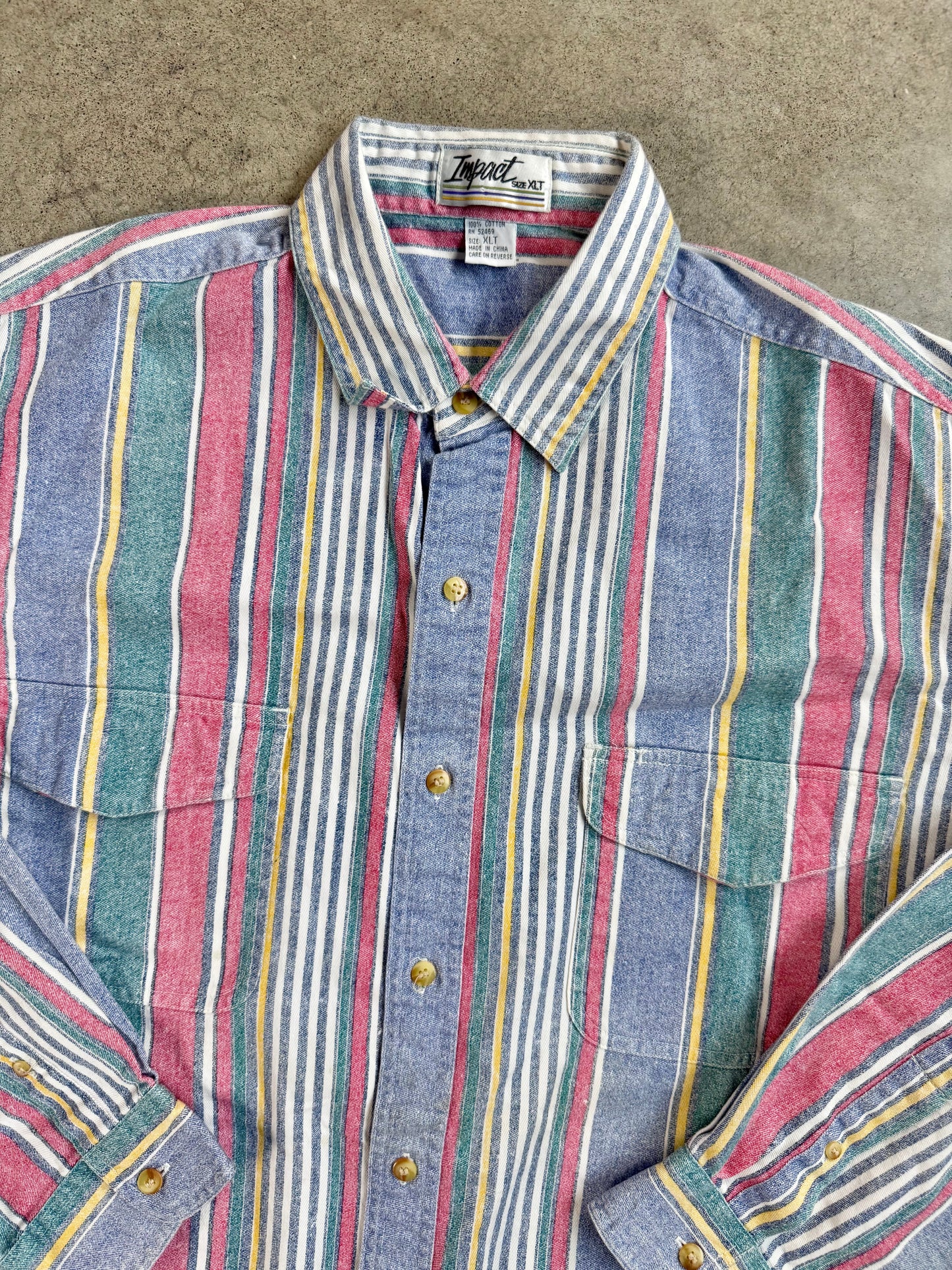 Vintage 1990s Impact Multi-Color Striped Cotton Button-Up Shirt | XLT