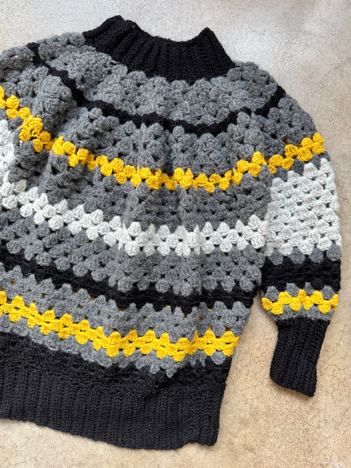 Vintage Handmade Grey & Yellow Crochet Mock Neck Sweater | S/M